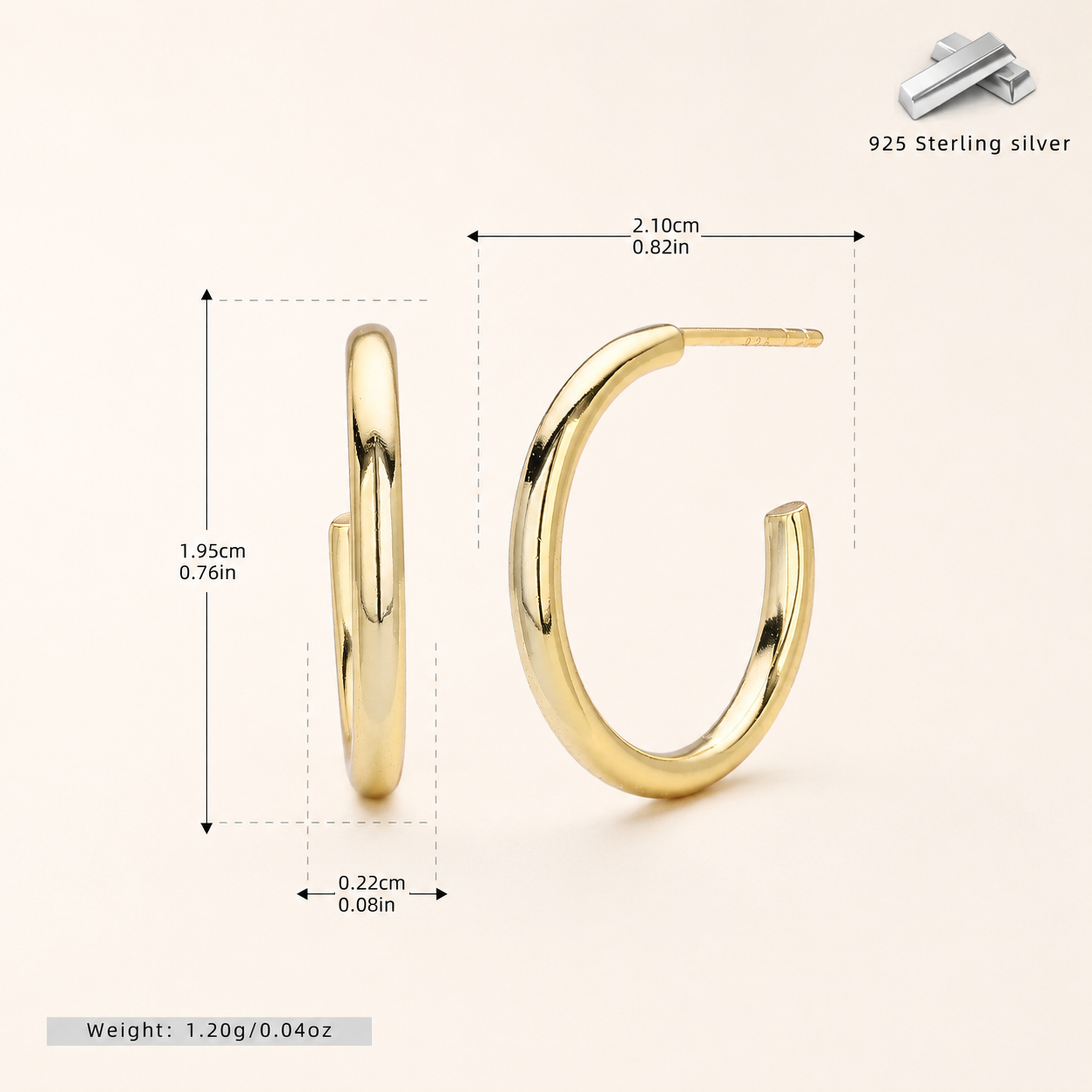 Sterling Silver Polished Round Hoop Earrings - Gold / 15mm