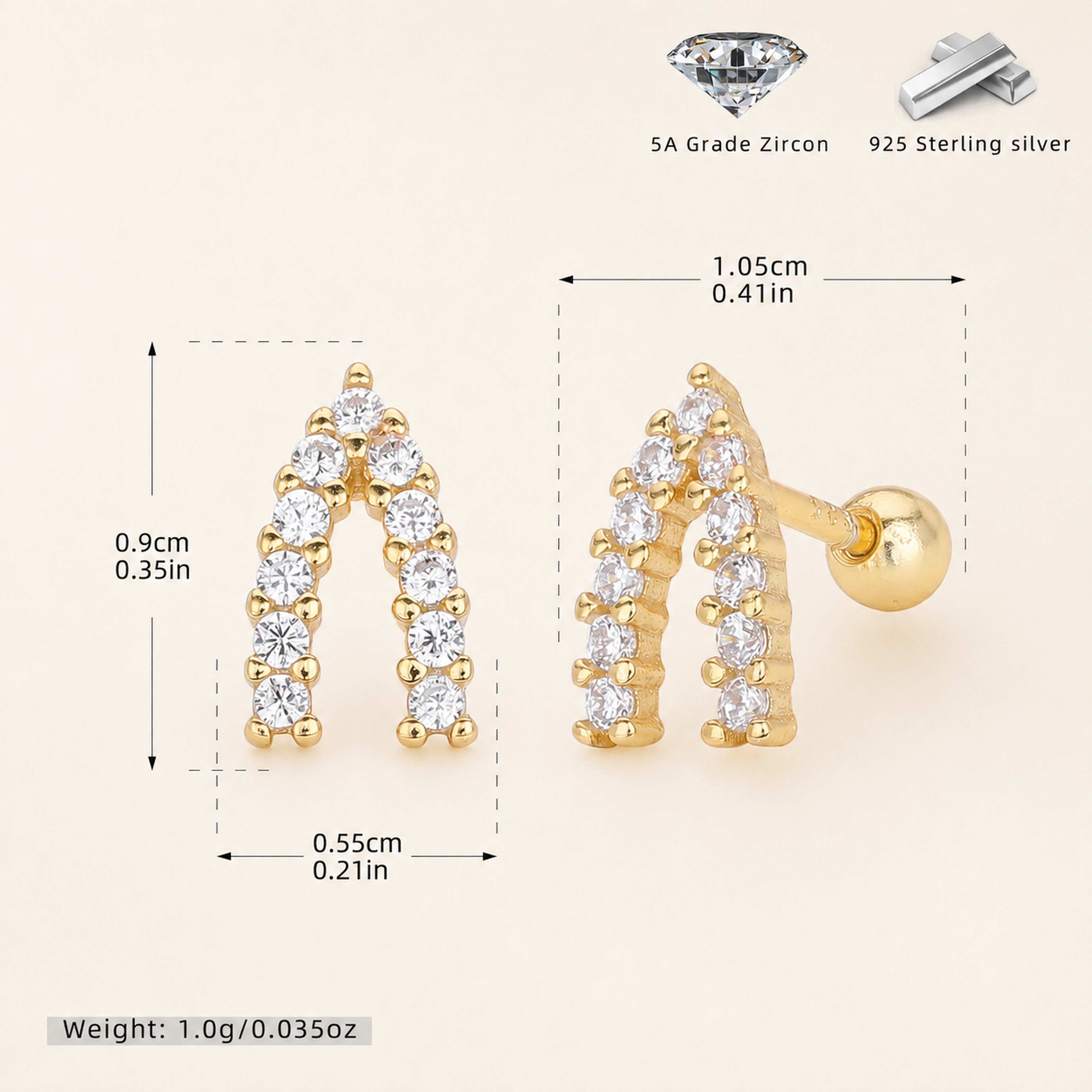 Sterling Silver Twisted Zirconia Ball Flat Back Earrings - Gold