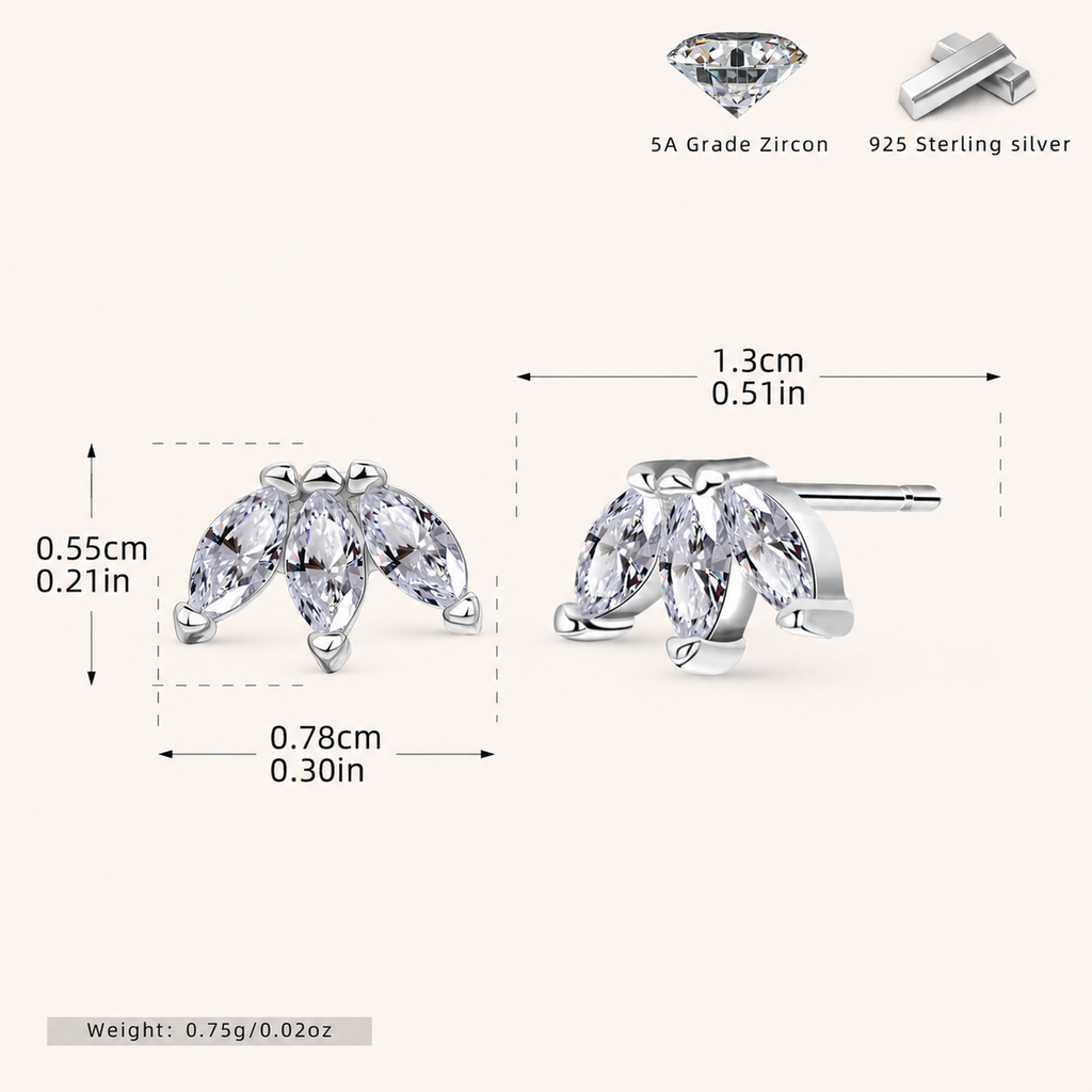 Sterling Silver Marquise Zirconia Crown Stud Earrings - Platinum