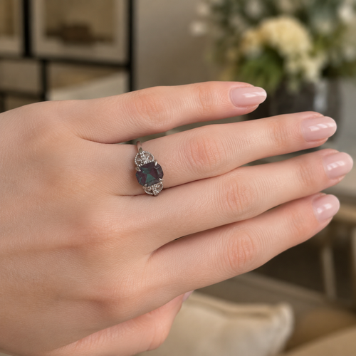 Duskwing Lab-Grown Alexandrite Ring worn on hand