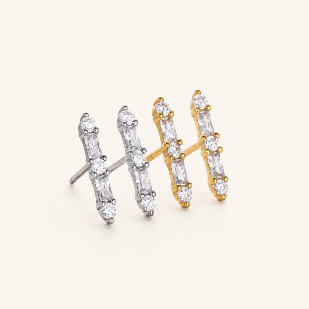 Sterling Silver Zirconia Bar Stud Earrings detail