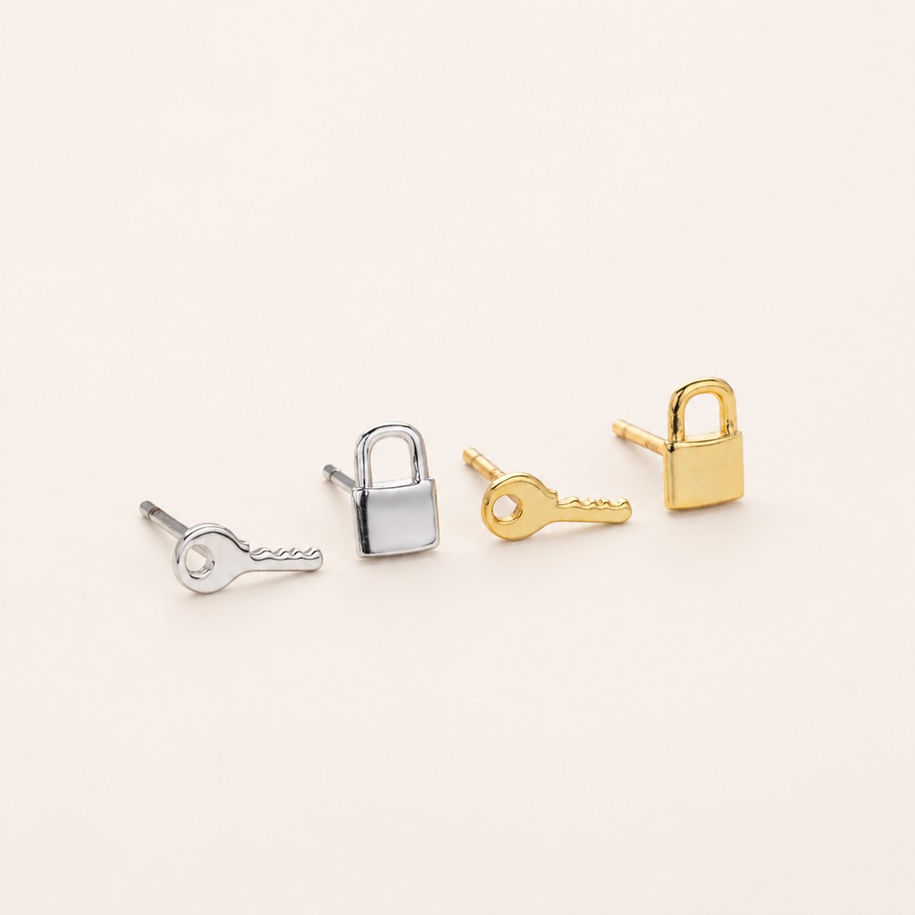 Sterling Silver Lock & Key Stud Earrings detail