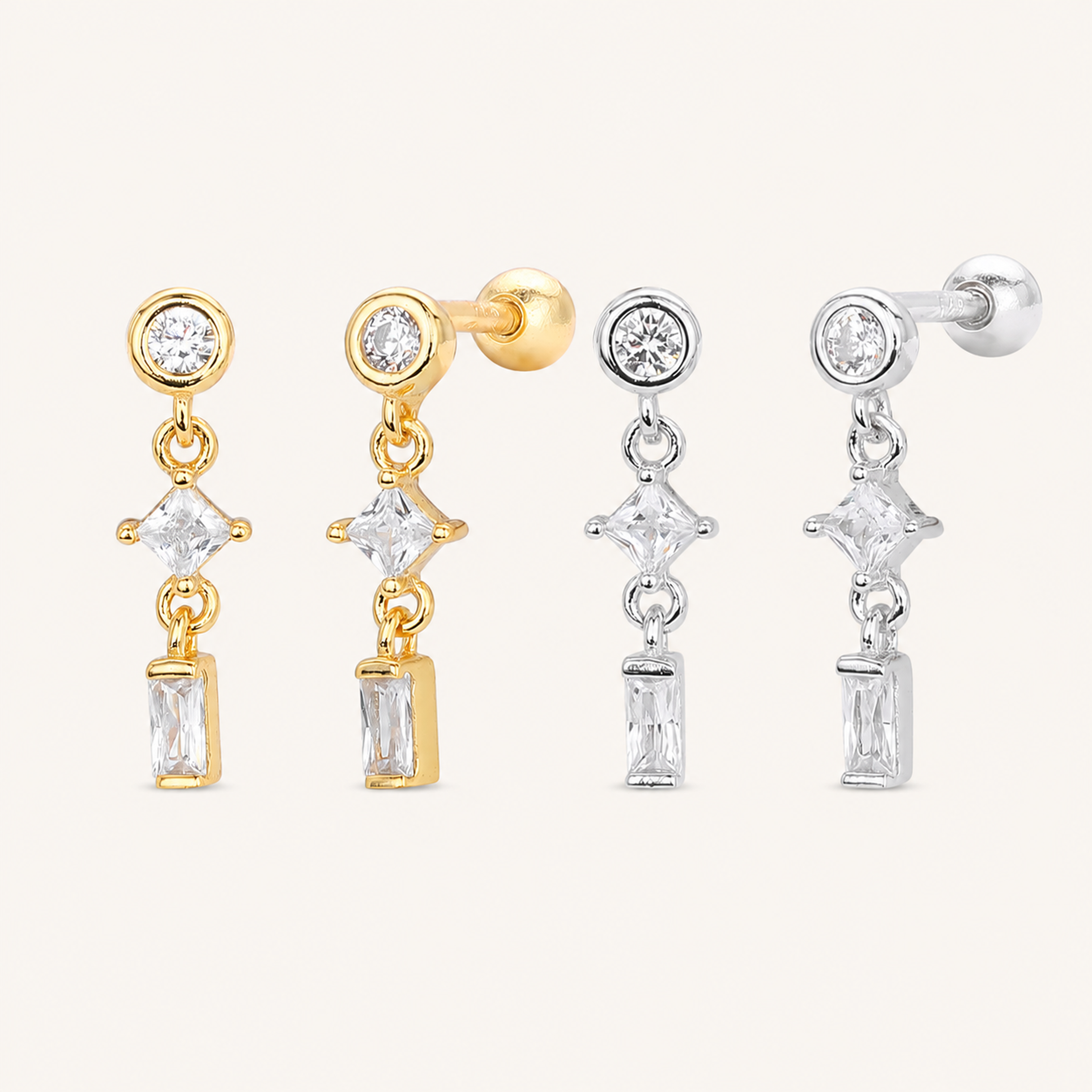 Sterling Silver Twisted Bead Zirconia Drop Flat Back Earrings