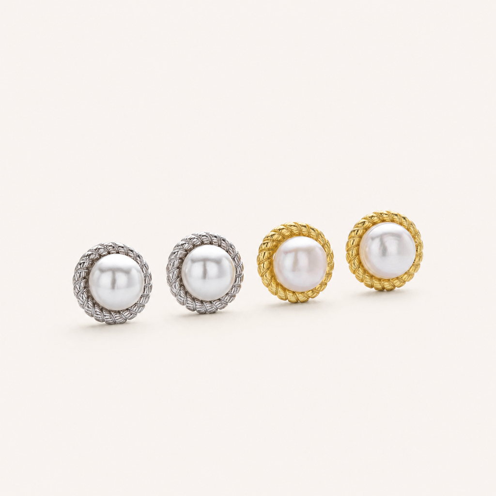 Sterling Silver Round Pearl Stud Earrings detail