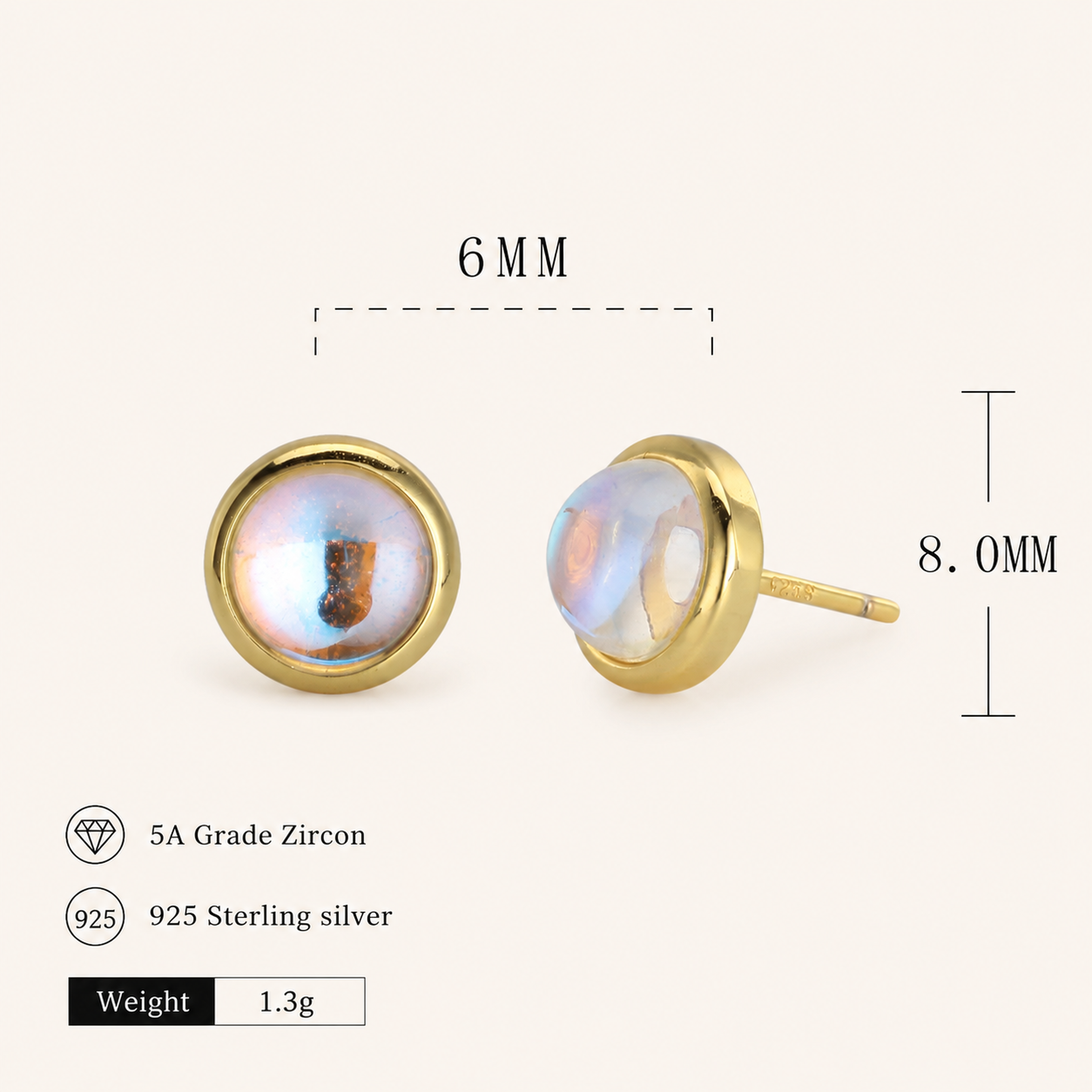 Sterling Silver Moonstone Stud Earrings - Gold / 6mm