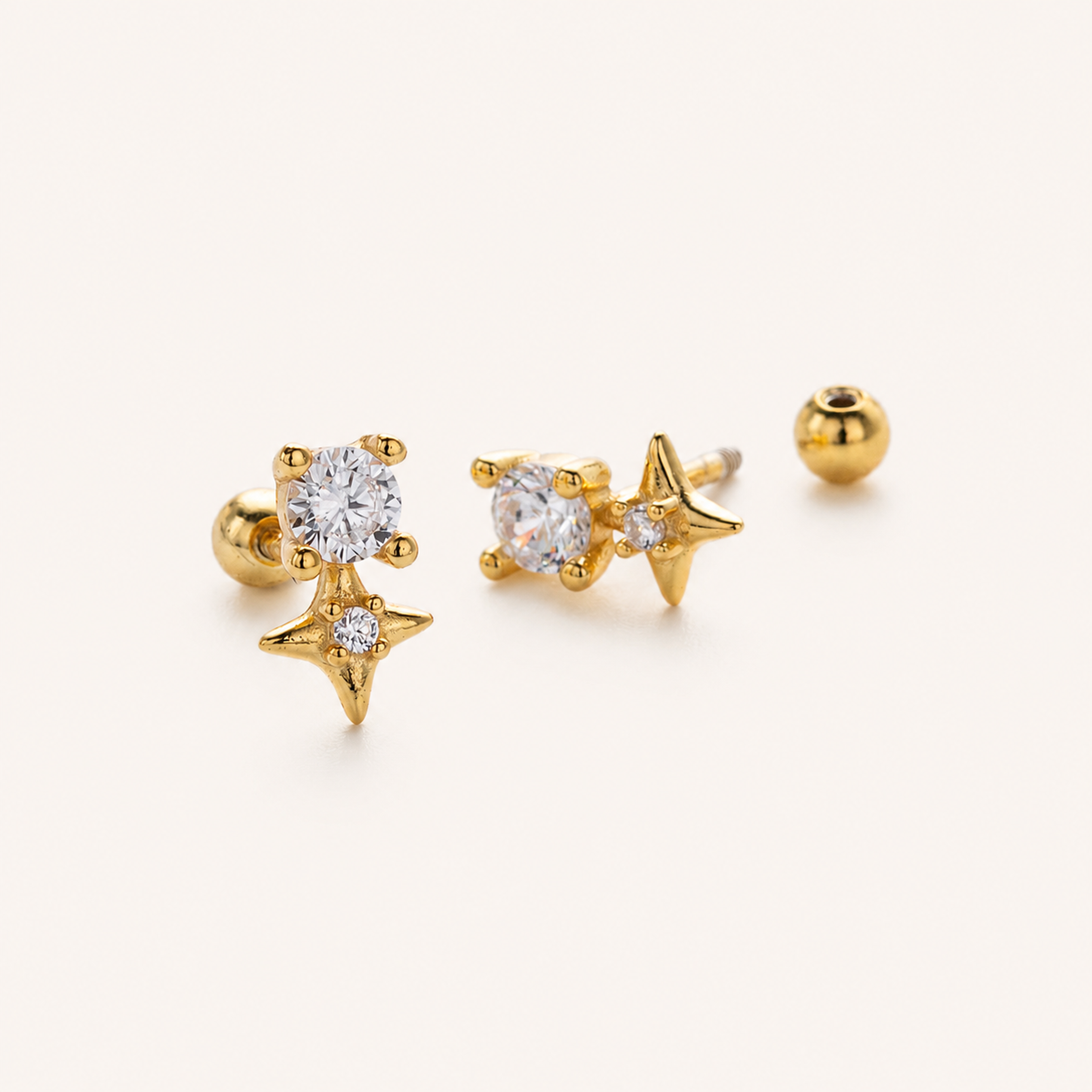 Sterling Silver Four-Point Star Zirconia Flat Back Earrings detail view