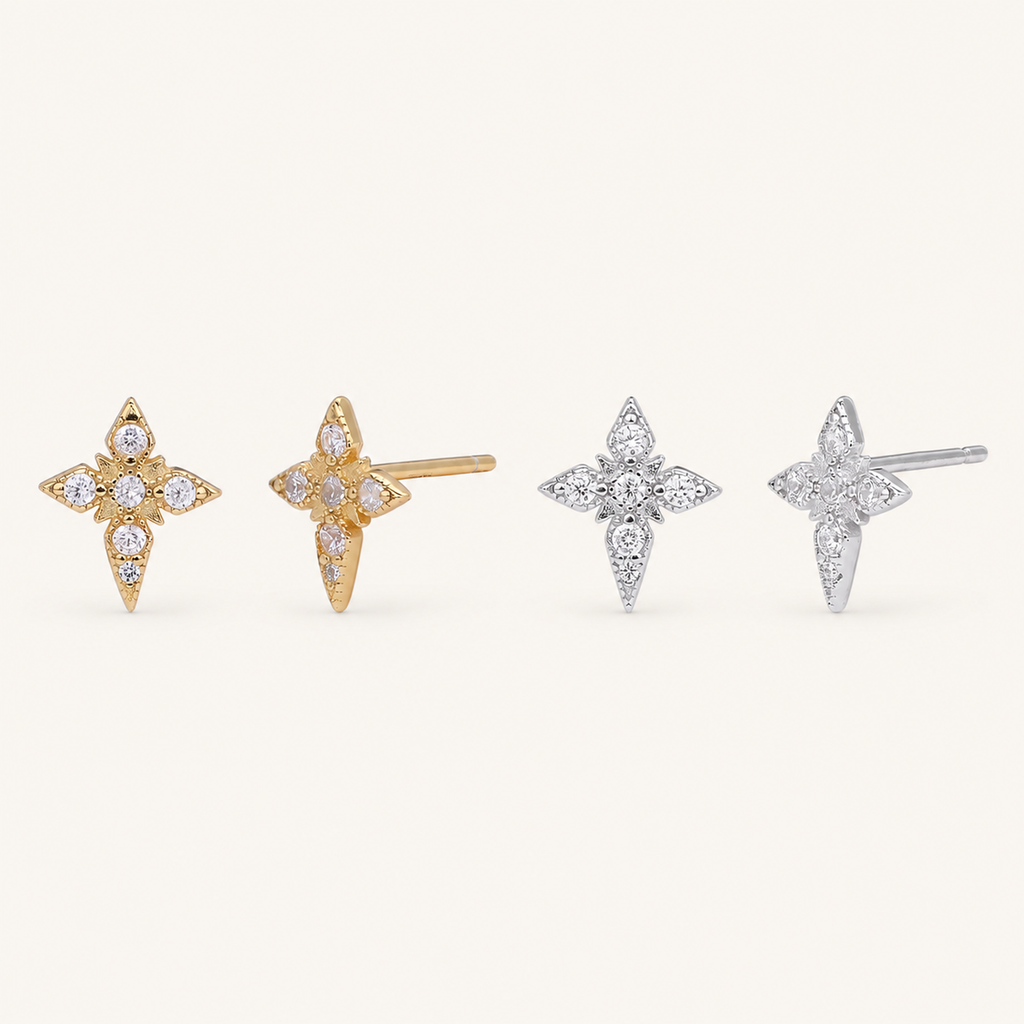Sterling Silver Four-Point Star Zirconia Stud Earrings