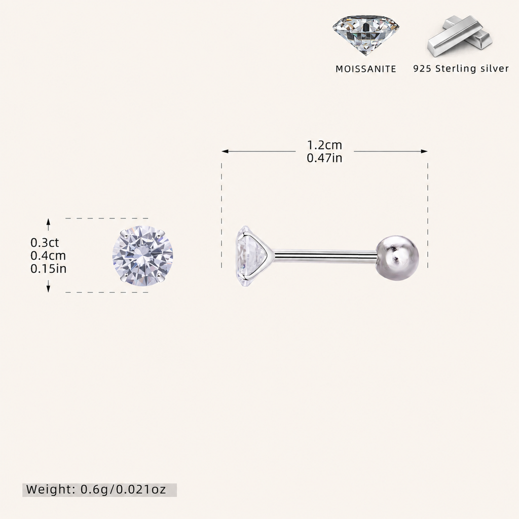 Sterling Silver Moissanite Four-Prong Solitaire Flat Back Earrings - Platinum / 4mm