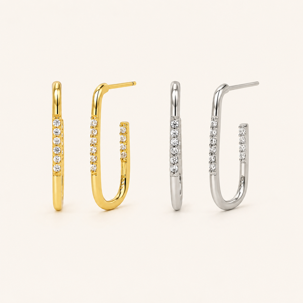 Sterling Silver Geometric U-Shape Zirconia Stud Earrings