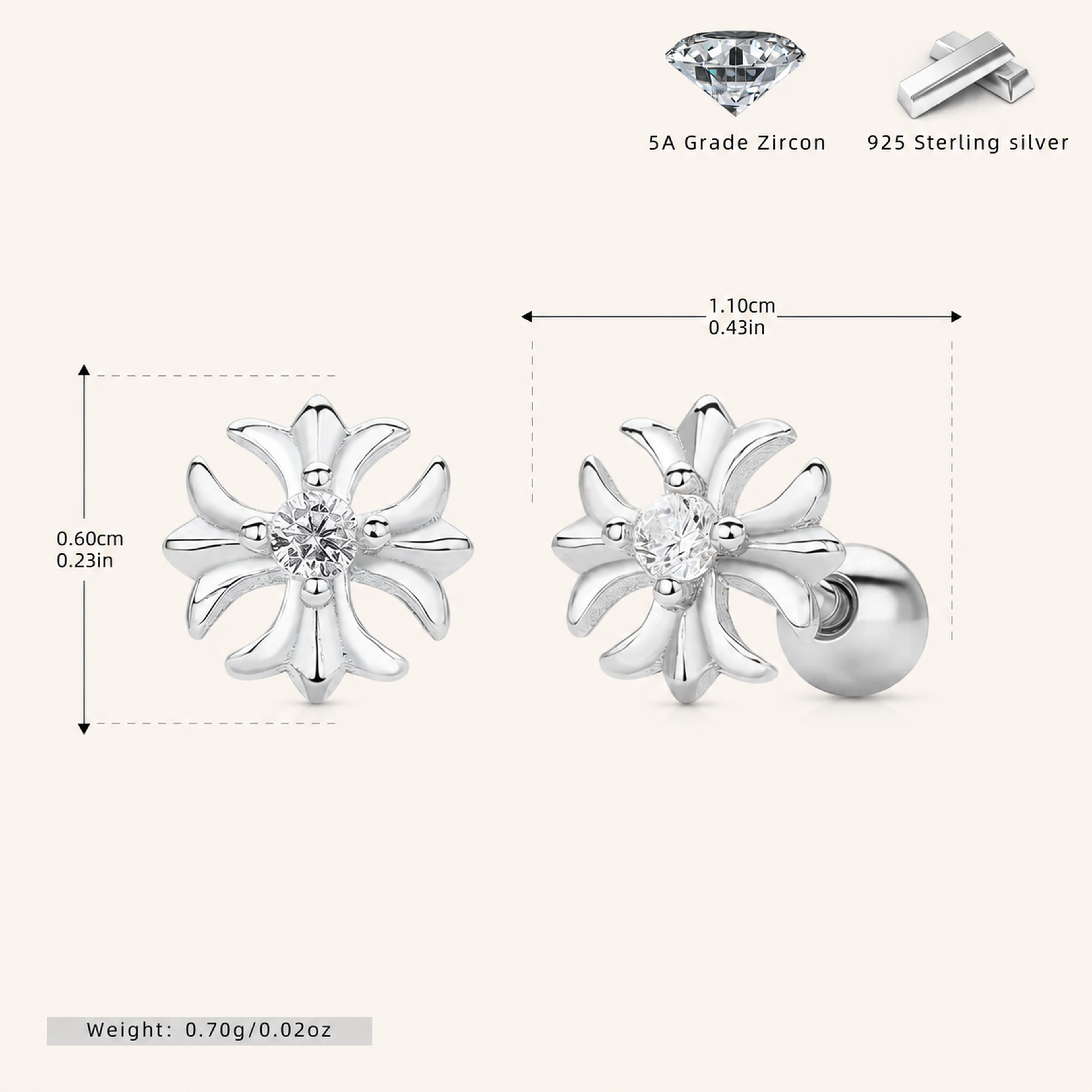 Sterling Silver Pinwheel Zirconia Flat Back Earrings - Platinum