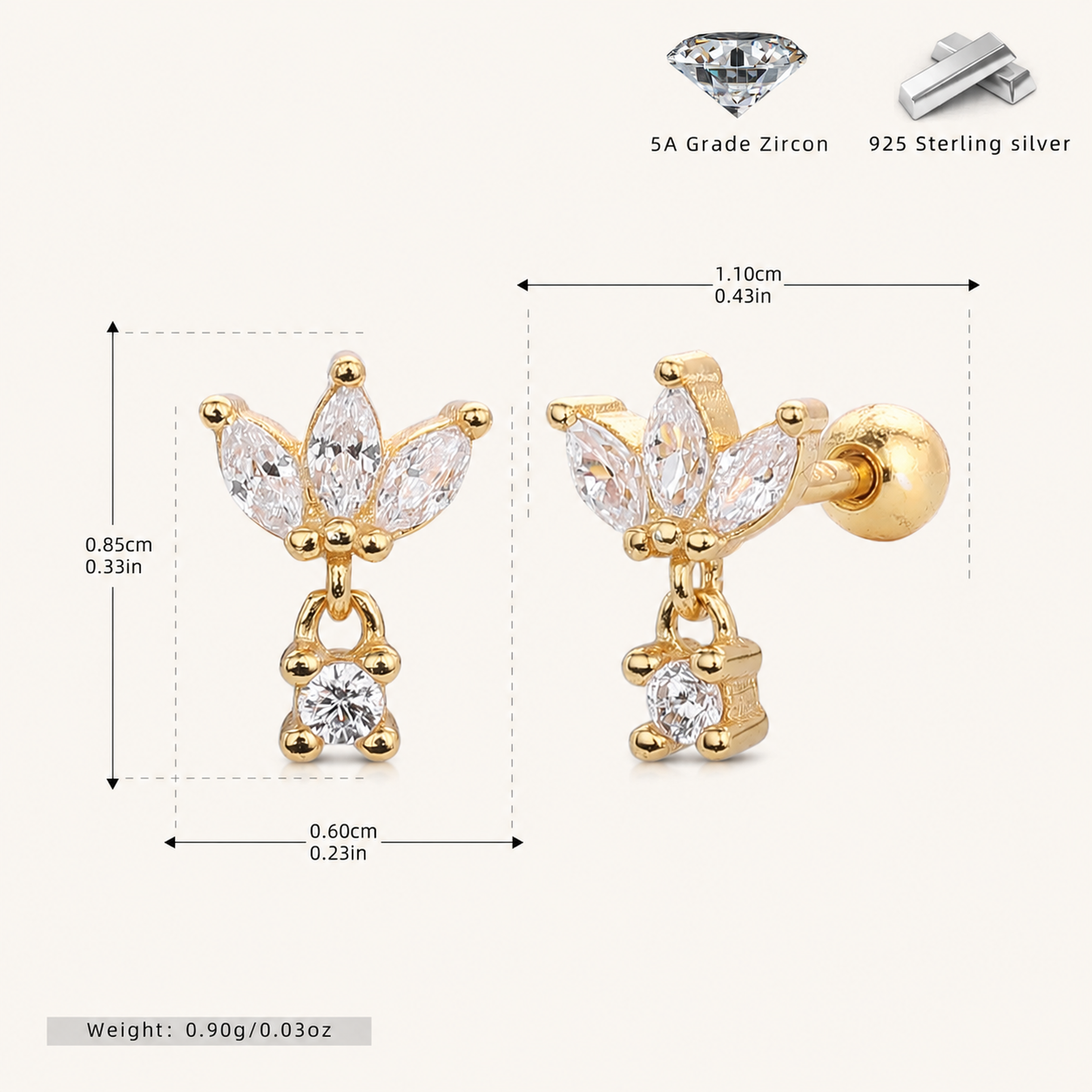 Sterling Silver Zirconia Leaf Drop Flat Back Earrings - Gold