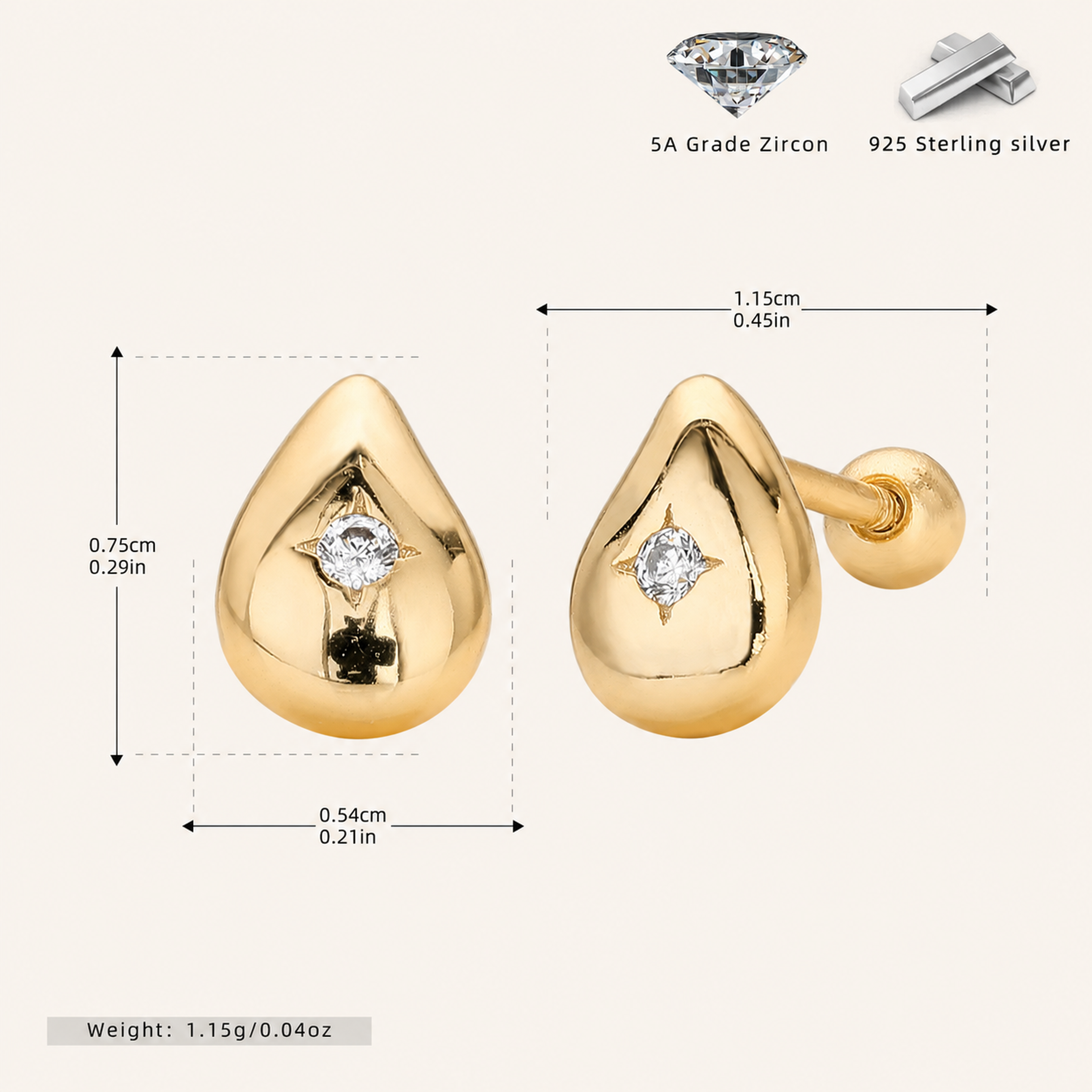 Sterling Silver Minimalist Zirconia Flat Back Earrings - Gold