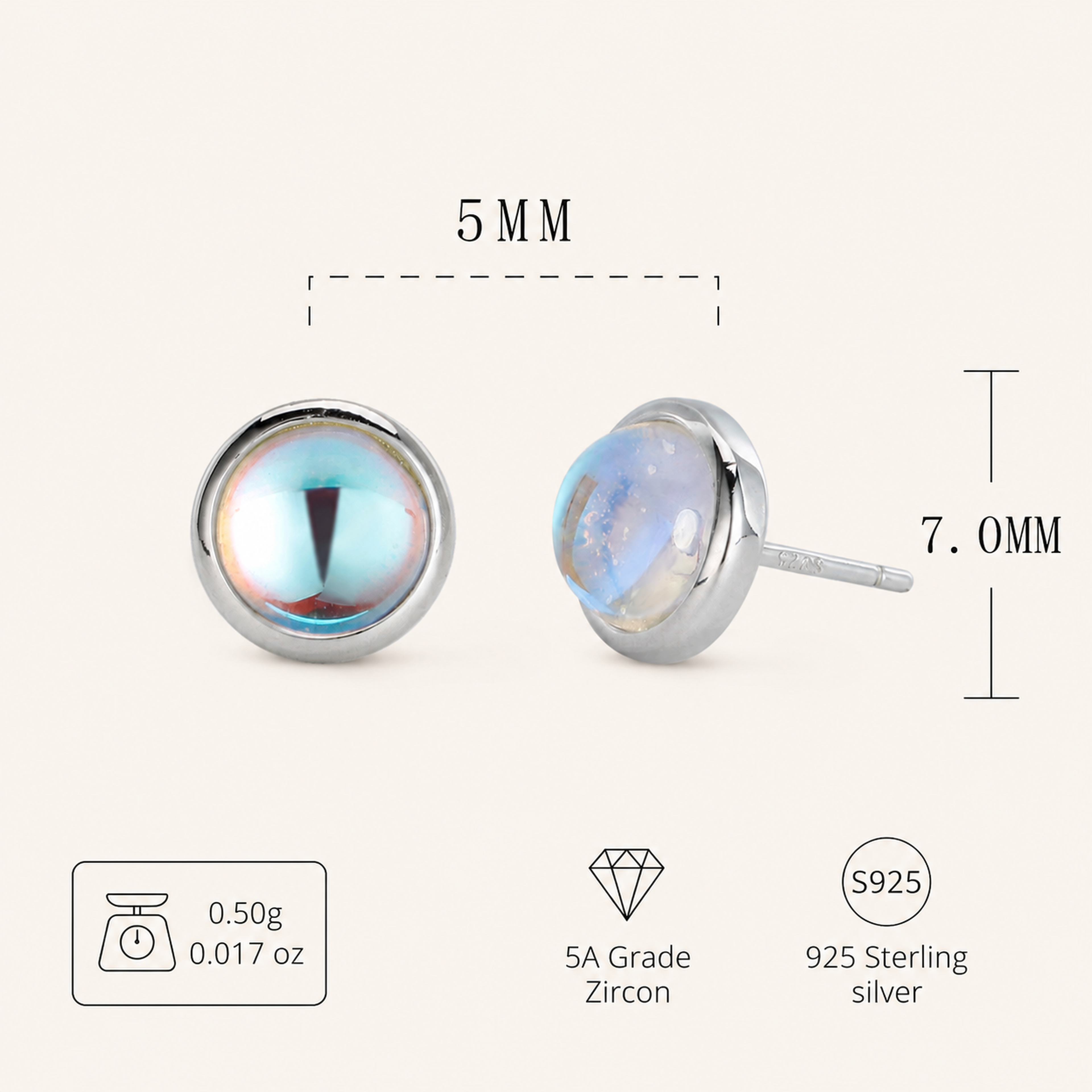 Sterling Silver Moonstone Stud Earrings - Platinum / 5mm