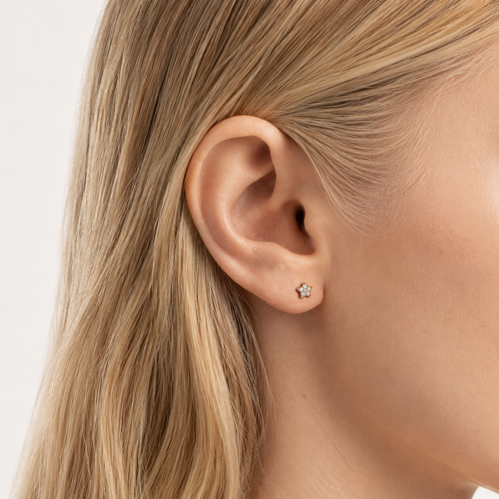 Sterling Silver Five-Point Star Zirconia Flat Back Earrings worn on the ear
