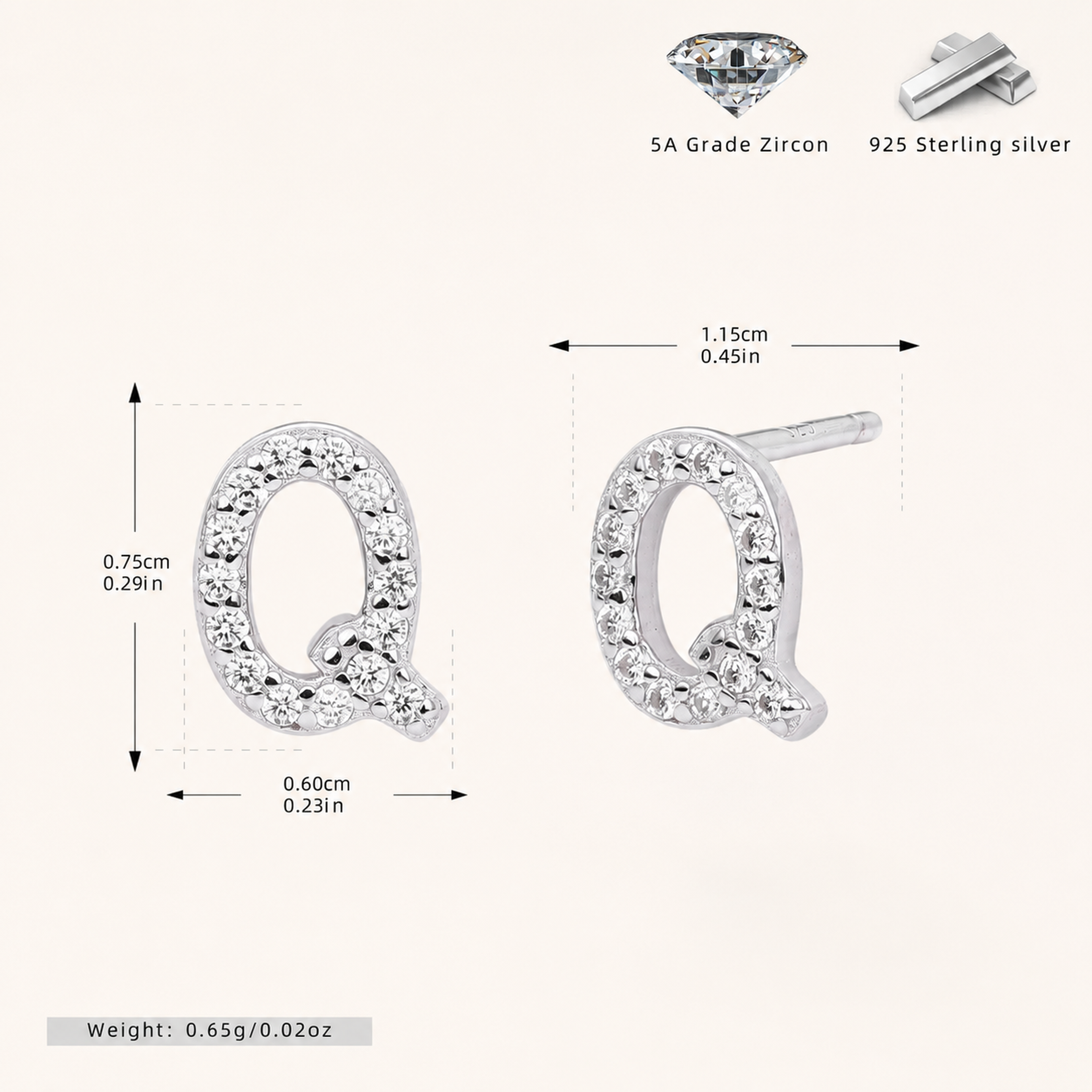 Sterling Silver Pave Initial Letter Stud Earrings - Platinum / Q