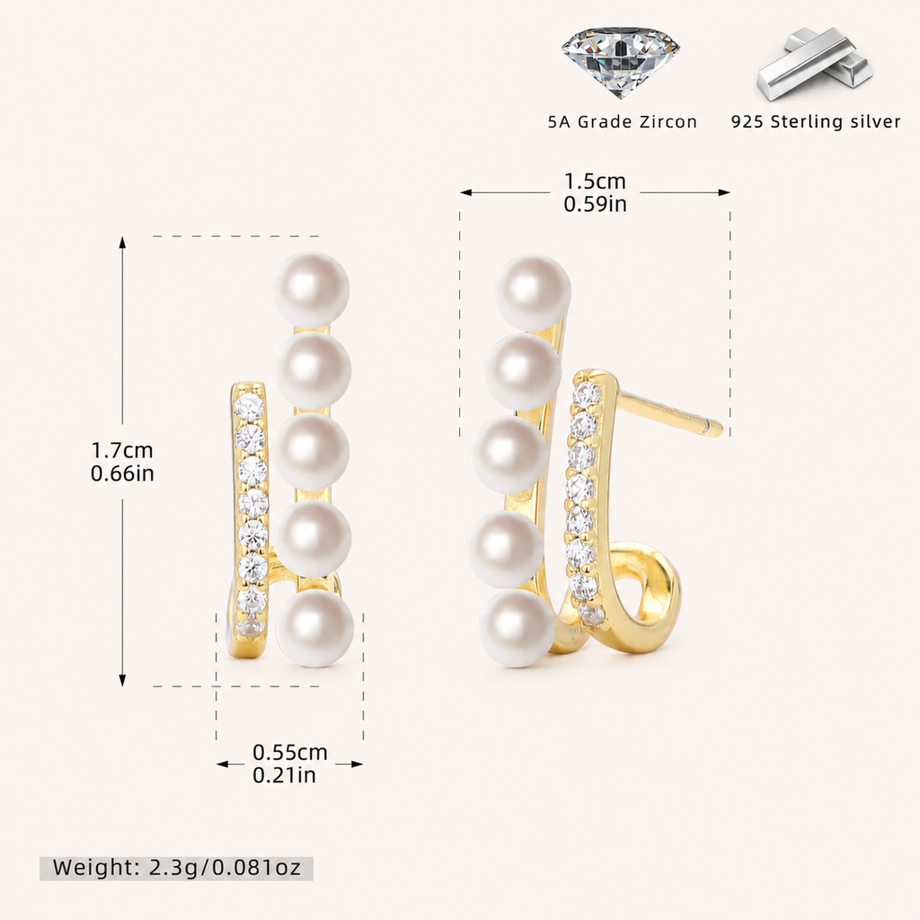 Sterling Silver Pearl & Zirconia Stud Earrings - Gold