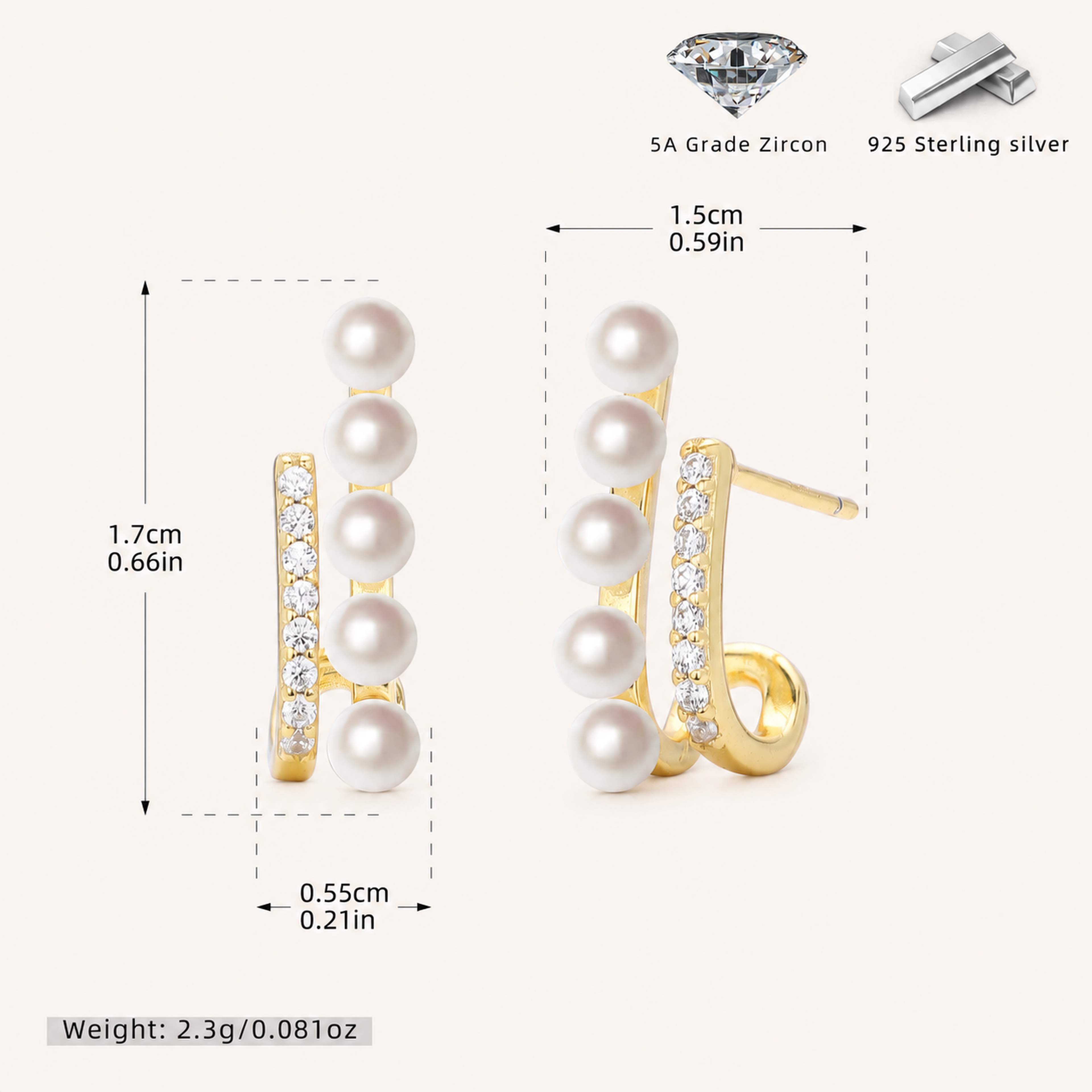 Sterling Silver Pearl & Zirconia Stud Earrings - Gold