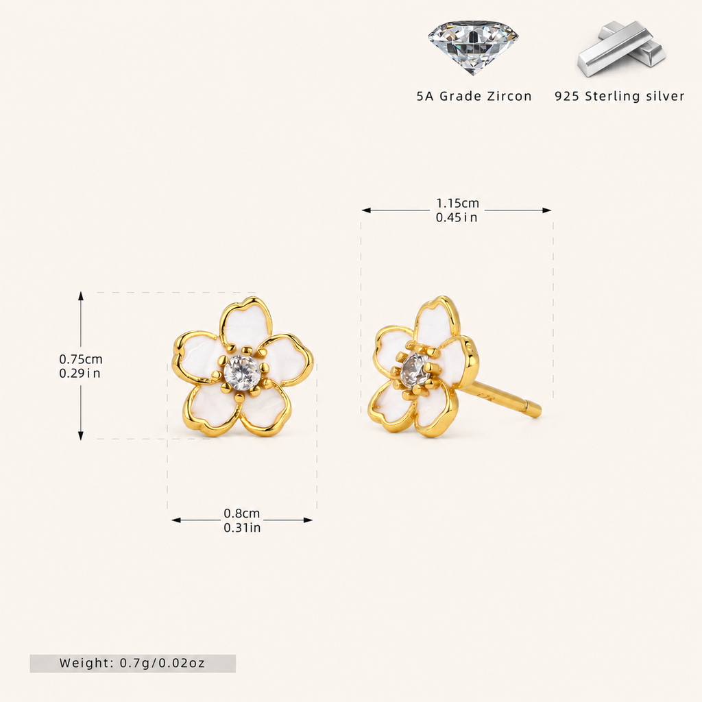 Sterling Silver Cherry Blossom Zirconia Stud Earrings - Gold / 2