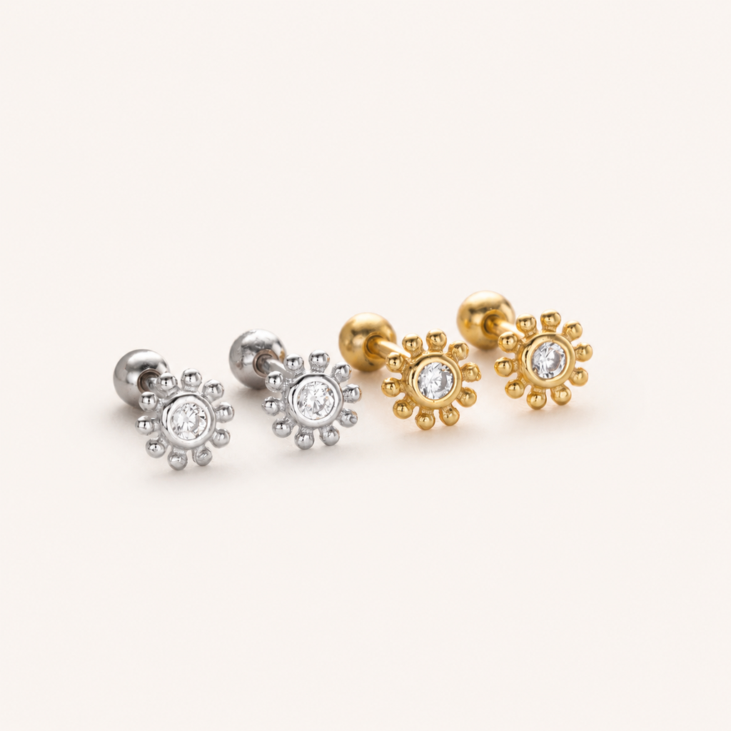 Sterling Silver Sunflower Zirconia Flat Back Earrings detail view