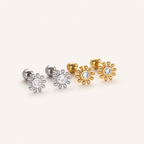 Sterling Silver Sunflower Zirconia Flat Back Earrings detail view