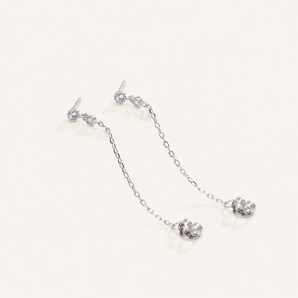 Sterling Silver Round Cubic Zirconia Chain Drop Earrings detail