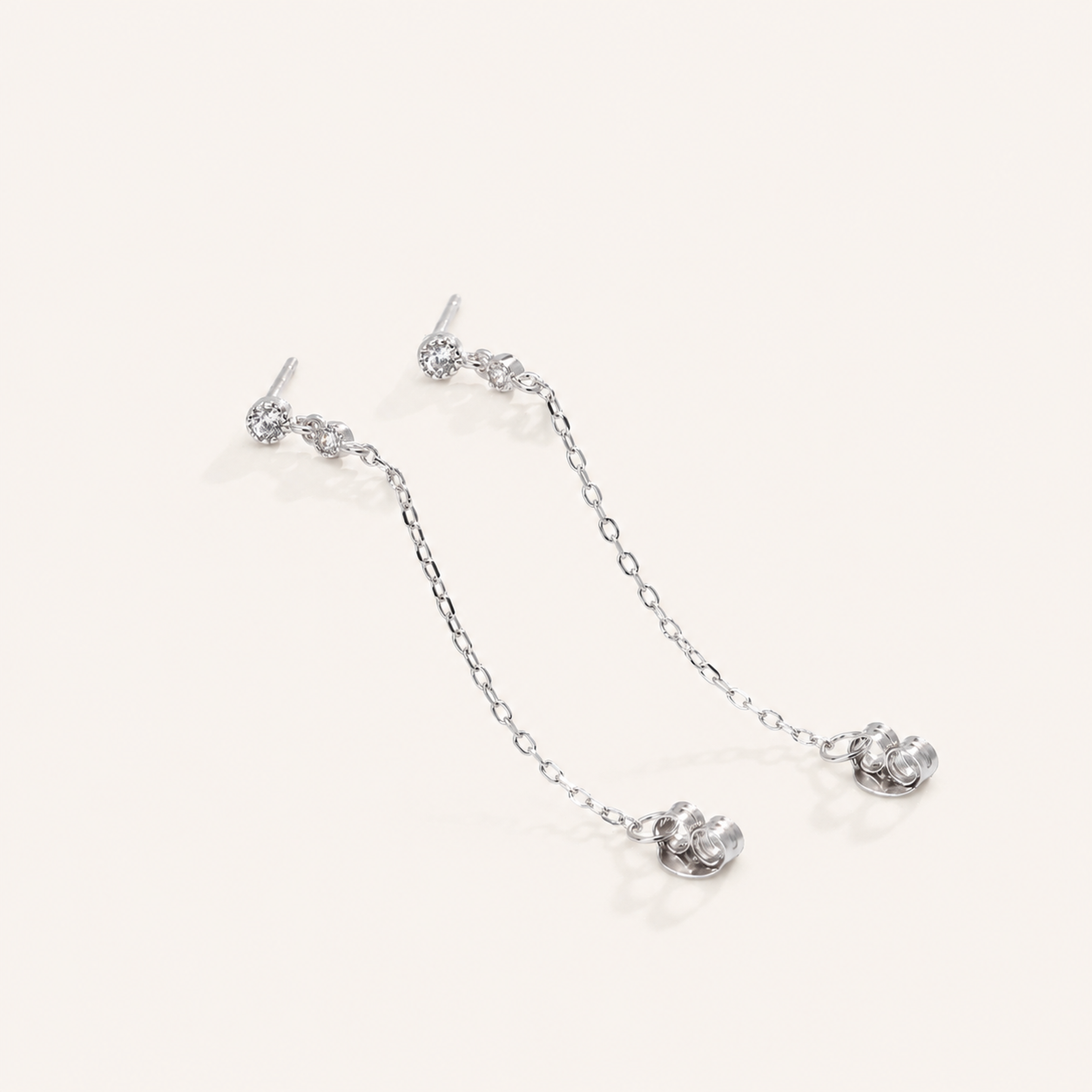Sterling Silver Round Cubic Zirconia Chain Drop Earrings detail
