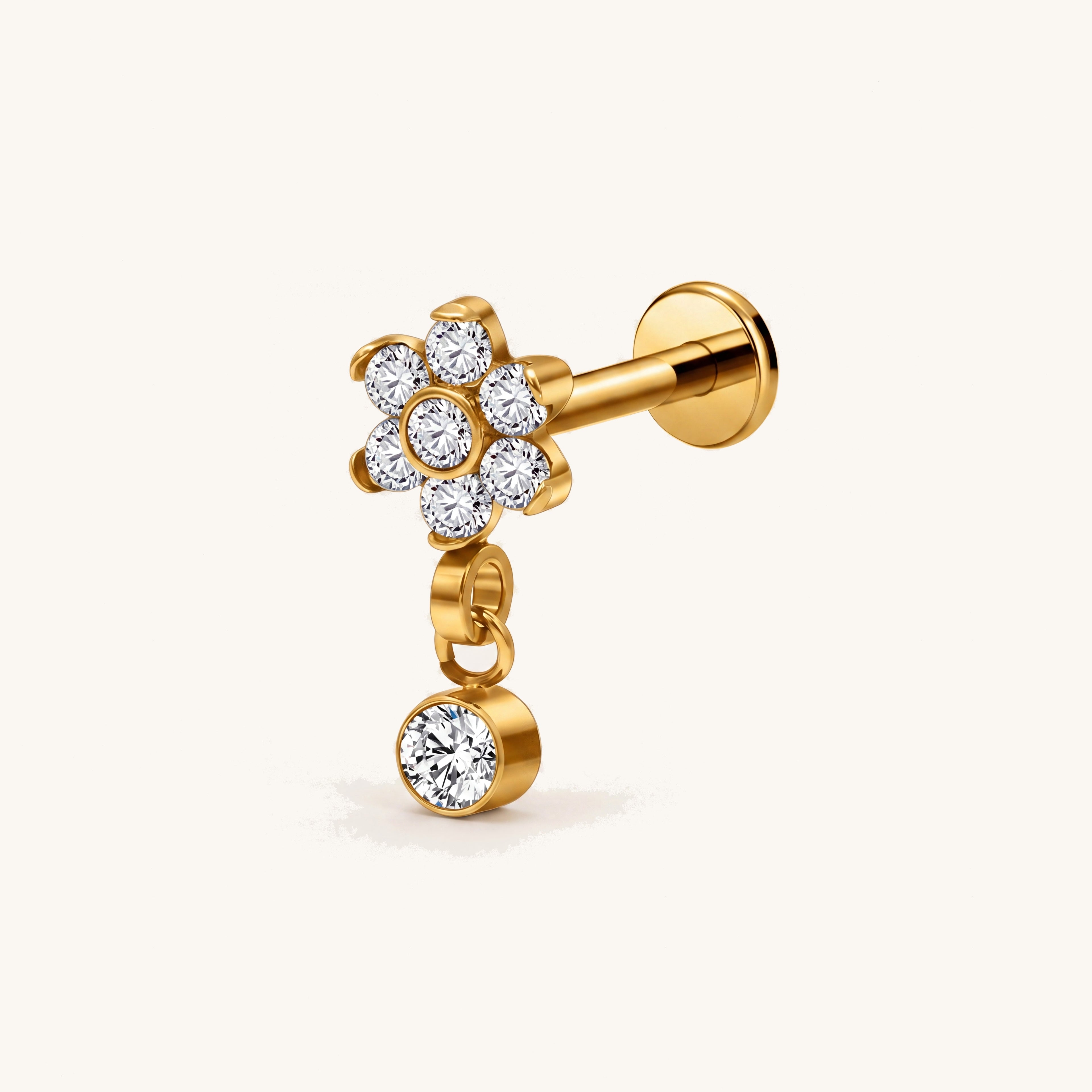 Four-Petal Crystal Drop Titanium Flat Back Earring - Gold