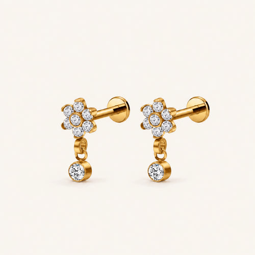 Four-Petal Crystal Drop Titanium Flat Back Earring - Gold