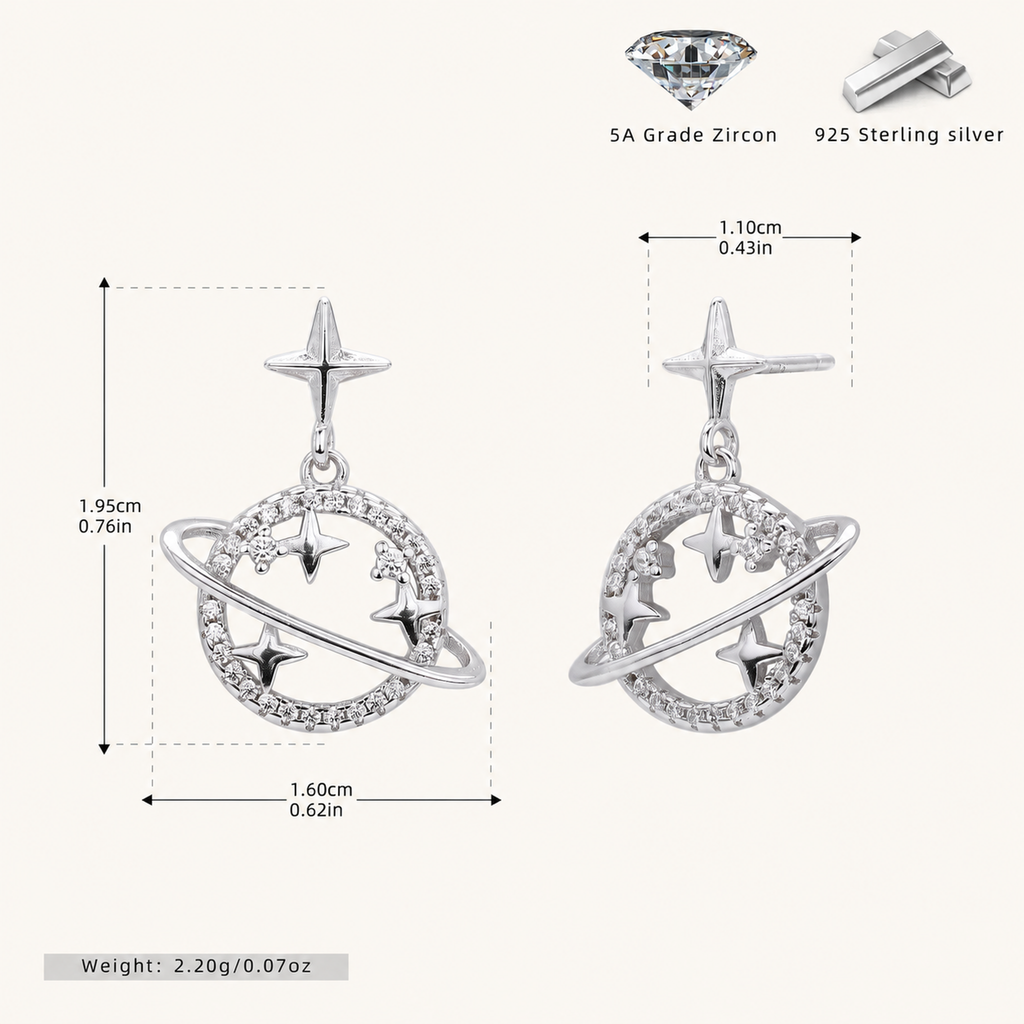 Sterling Silver Openwork Planet & Star Stud Earrings - Platinum