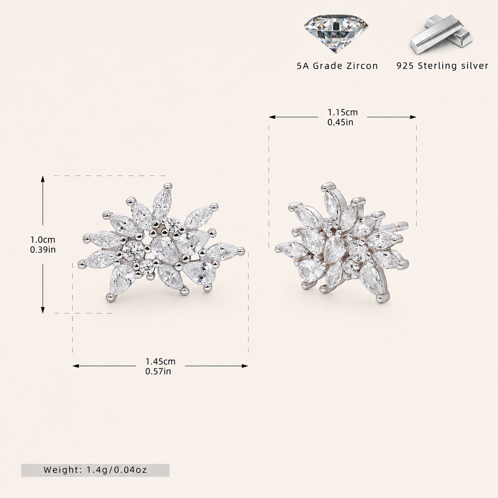 Sterling Silver Snowflake Zirconia Stud Earrings - Platinum