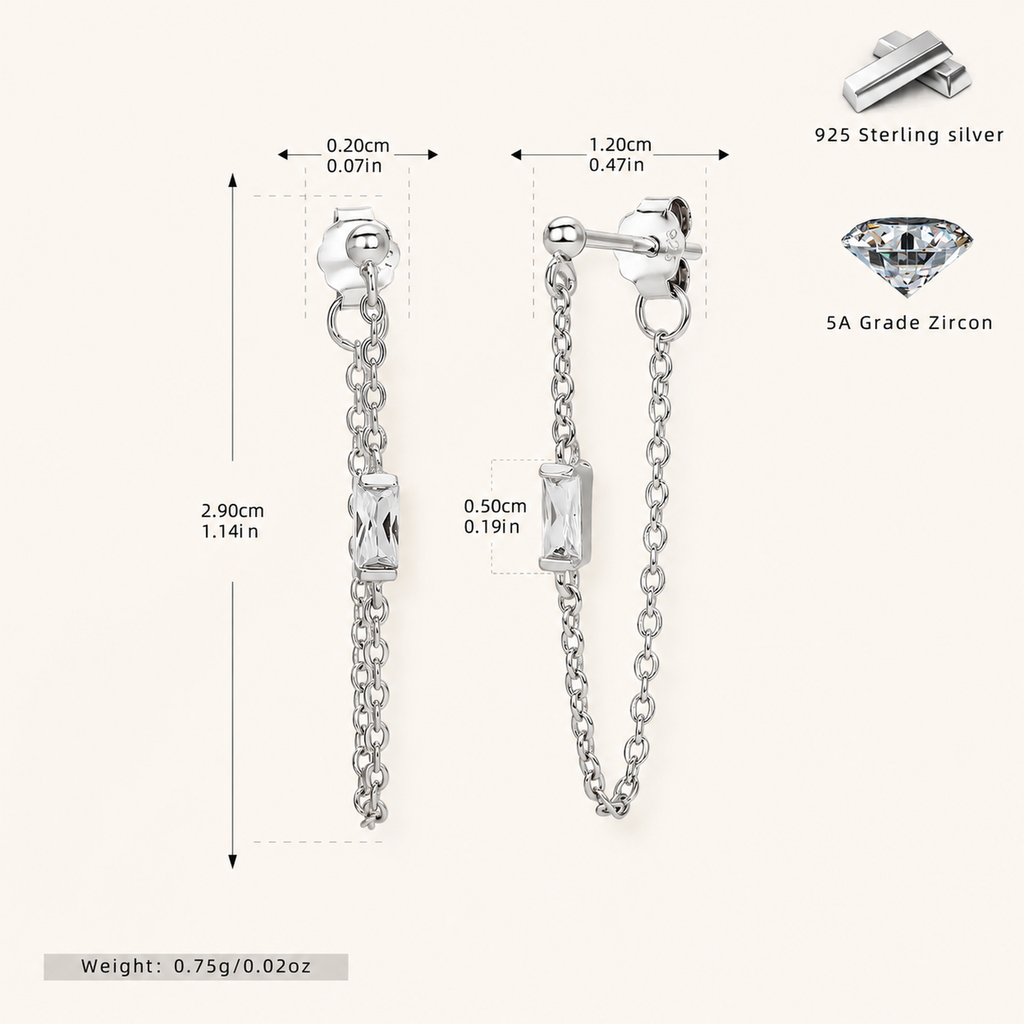 Sterling Silver Multicolor Zirconia Chain Drop Stud Earrings - Platinum / White