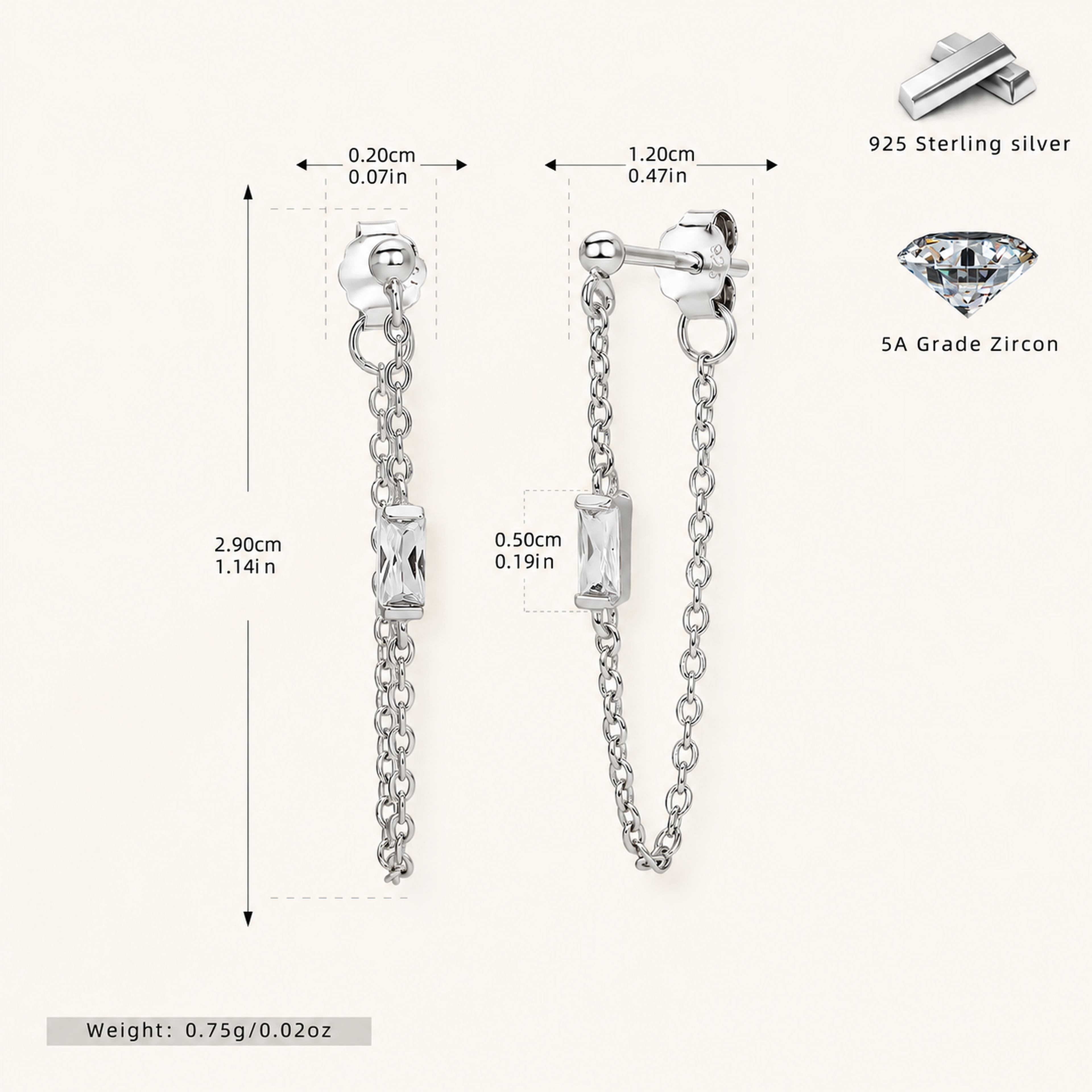 Sterling Silver Multicolor Zirconia Chain Drop Stud Earrings - Platinum / White