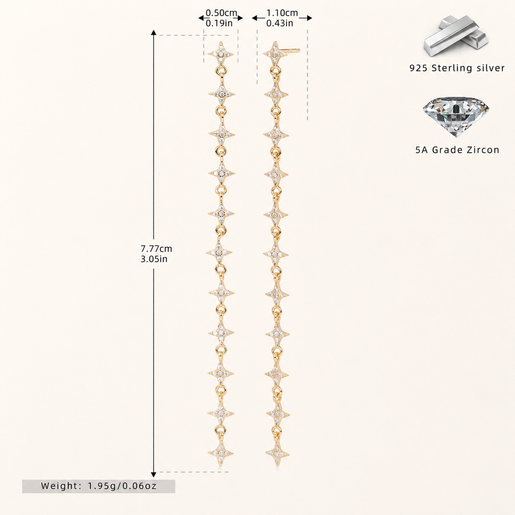 Sterling Silver Star Zirconia Tassel Drop Stud Earrings - Gold