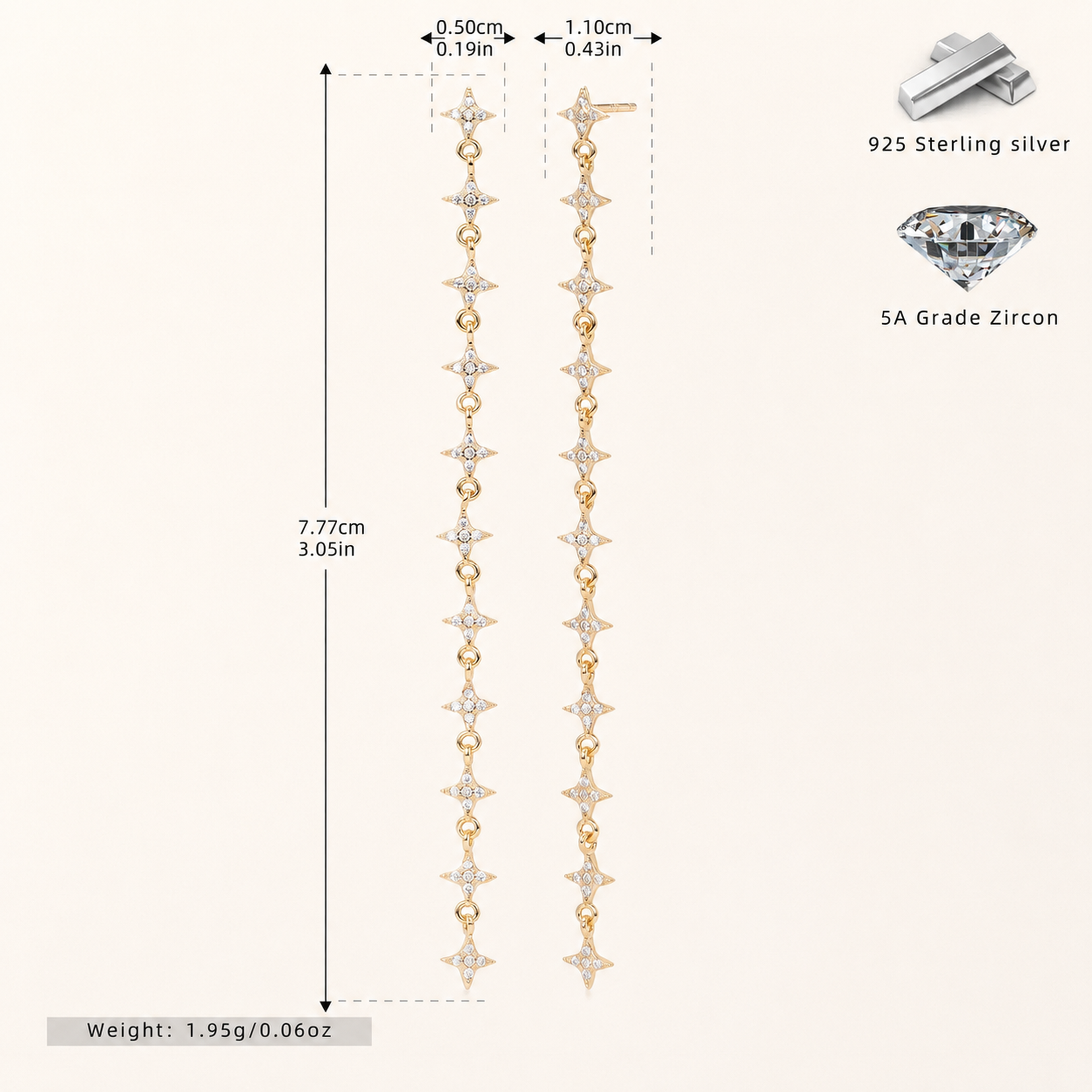 Sterling Silver Star Zirconia Tassel Drop Stud Earrings - Gold