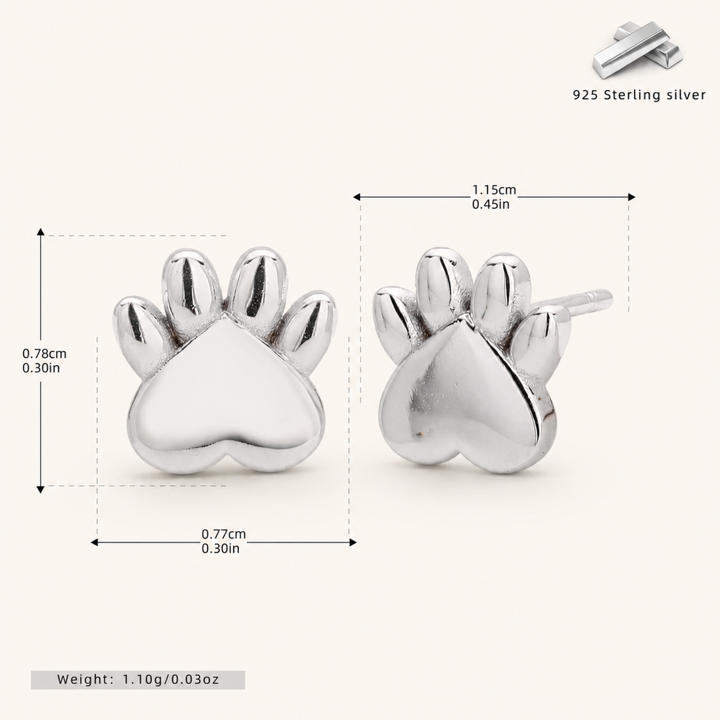 Sterling Silver Cat Paw Stud Earrings - Platinum