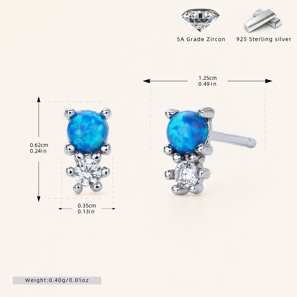 Sterling Silver Round Opal Stud Earrings - Platinum / Blue