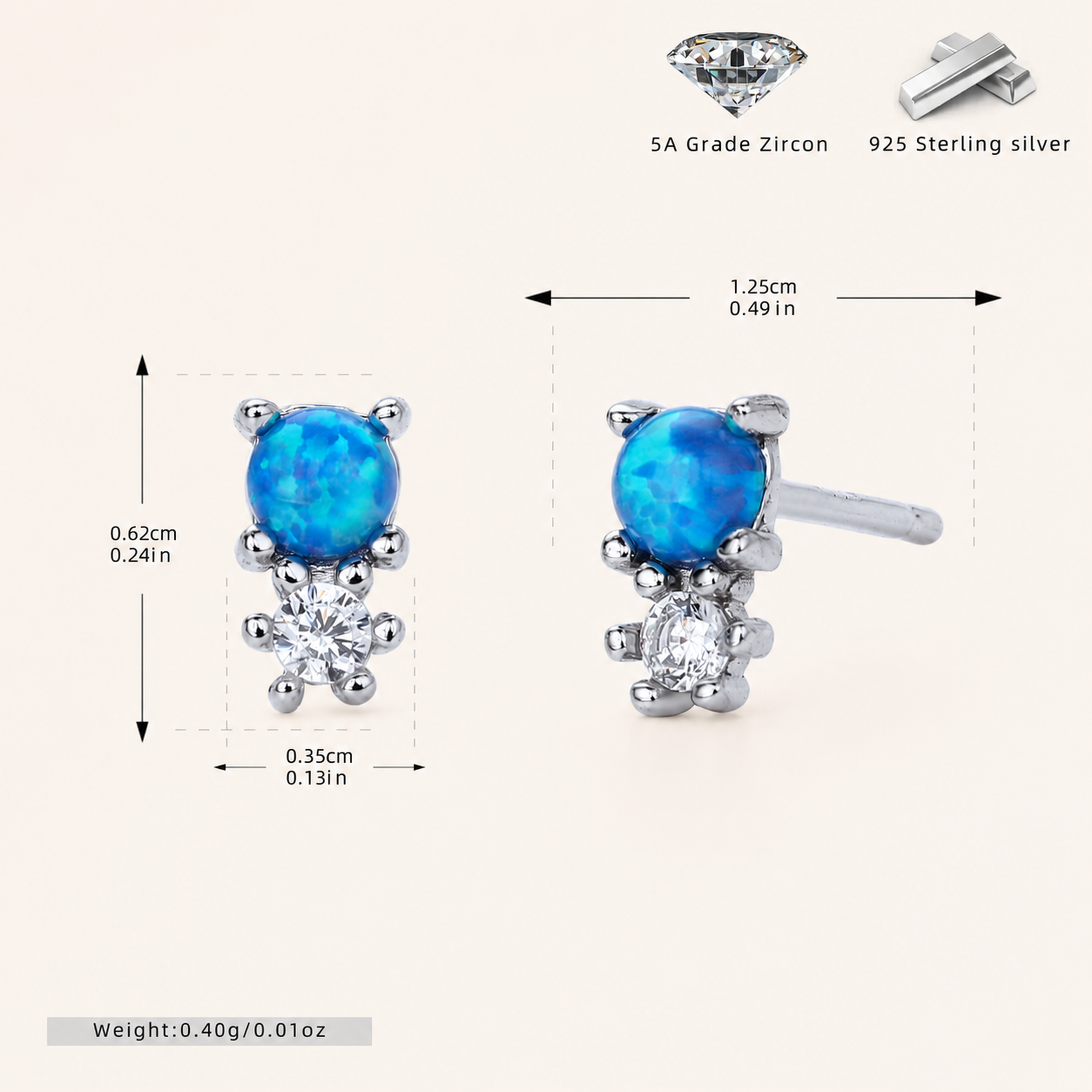 Sterling Silver Round Opal Stud Earrings - Platinum / Blue