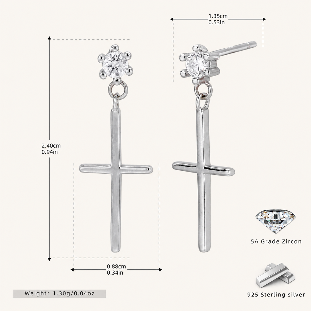 Sterling Silver Mini Zirconia Cross Stud Earrings - Platinum