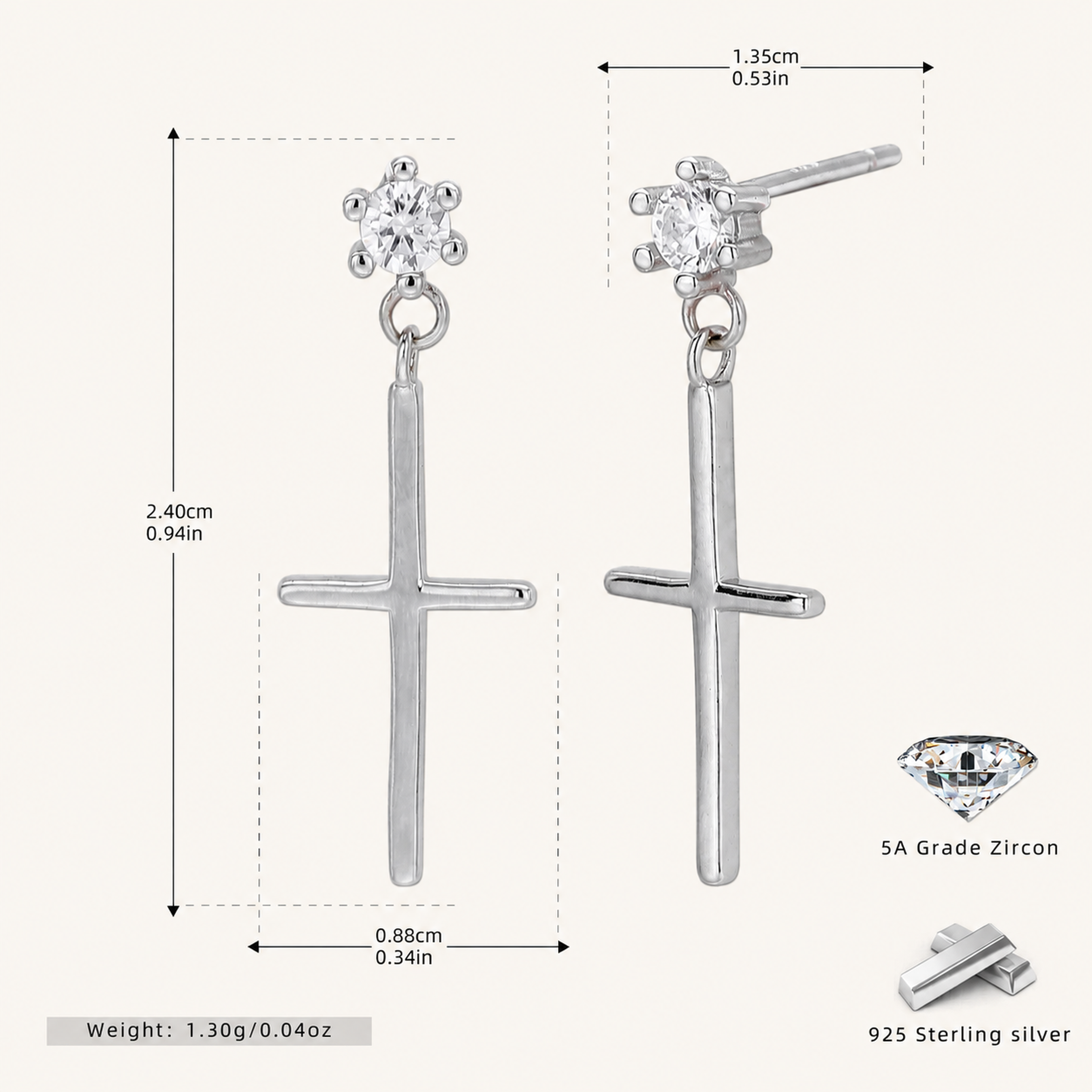 Sterling Silver Mini Zirconia Cross Stud Earrings - Platinum
