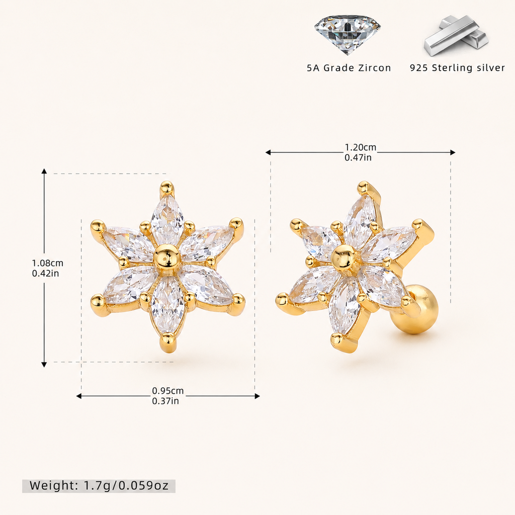 Sterling Silver Zirconia Flower Flat Back Earrings - Gold