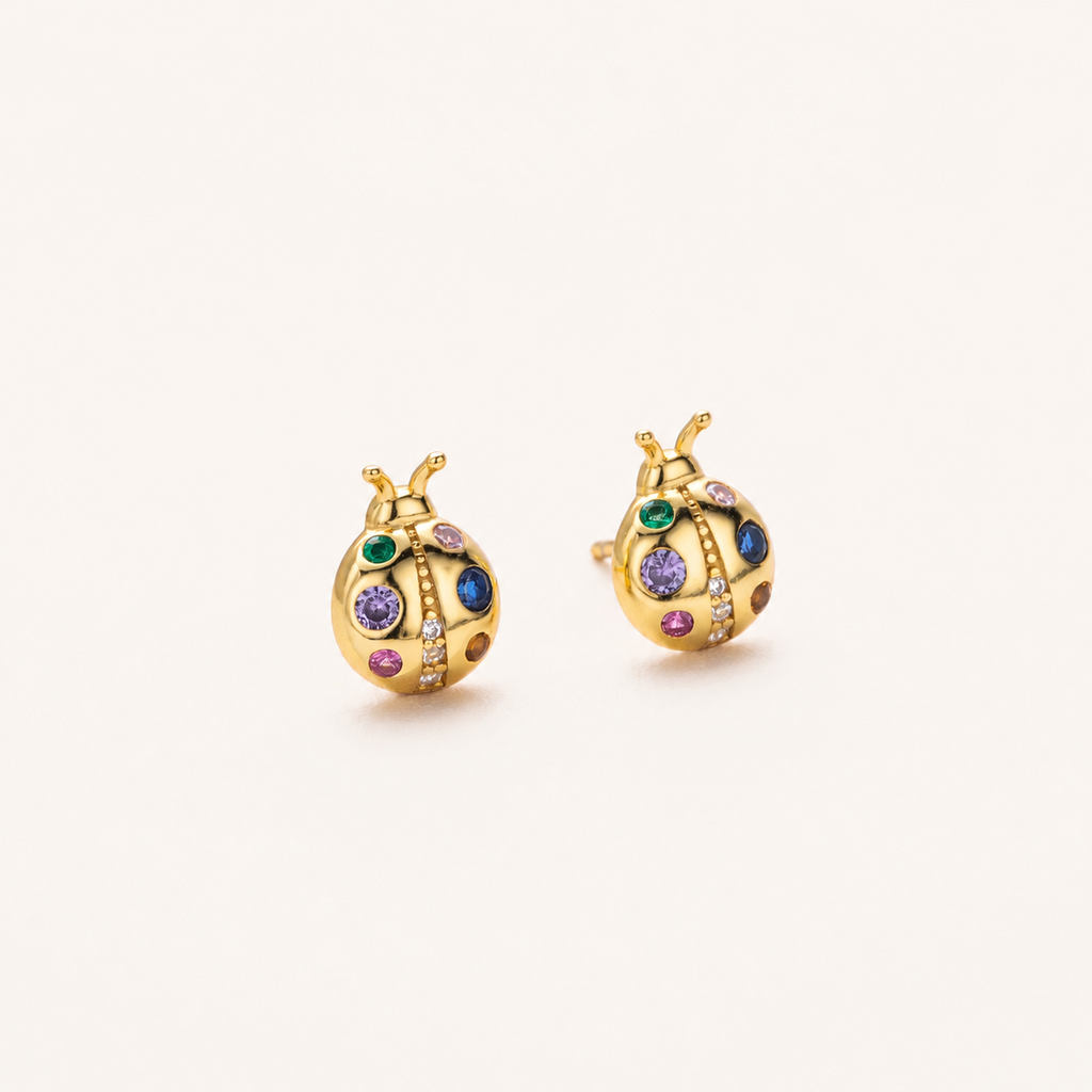 Sterling Silver Color Zirconia Ladybug Stud Earrings detail view