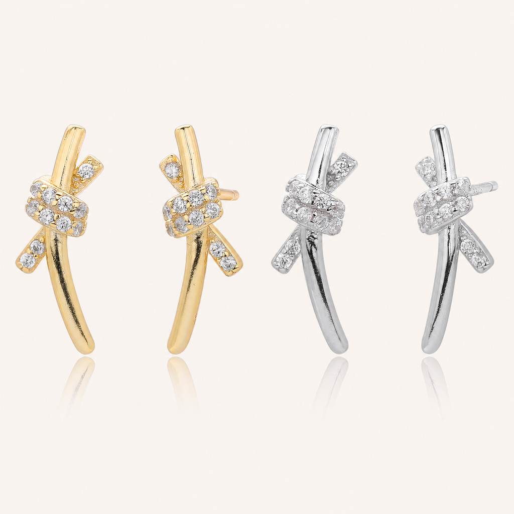 Sterling Silver Pave Zirconia Knot Stud Earrings