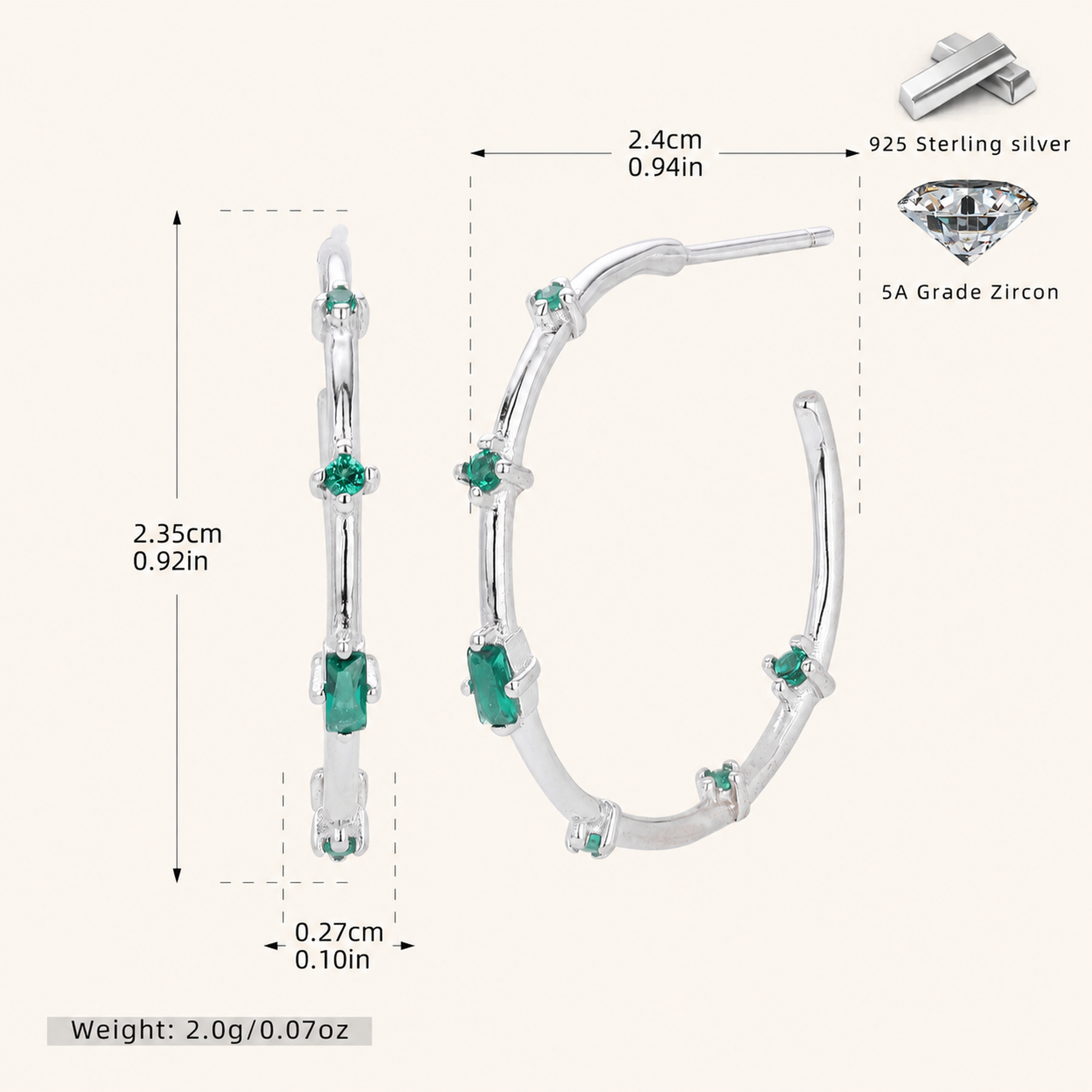 Sterling Silver Emerald-Green Zirconia Stud Earrings - Platinum