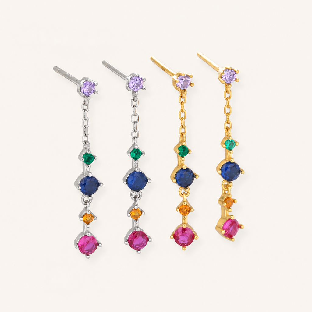 Sterling Silver Geometric Zirconia Tassel Drop Stud Earrings detail view