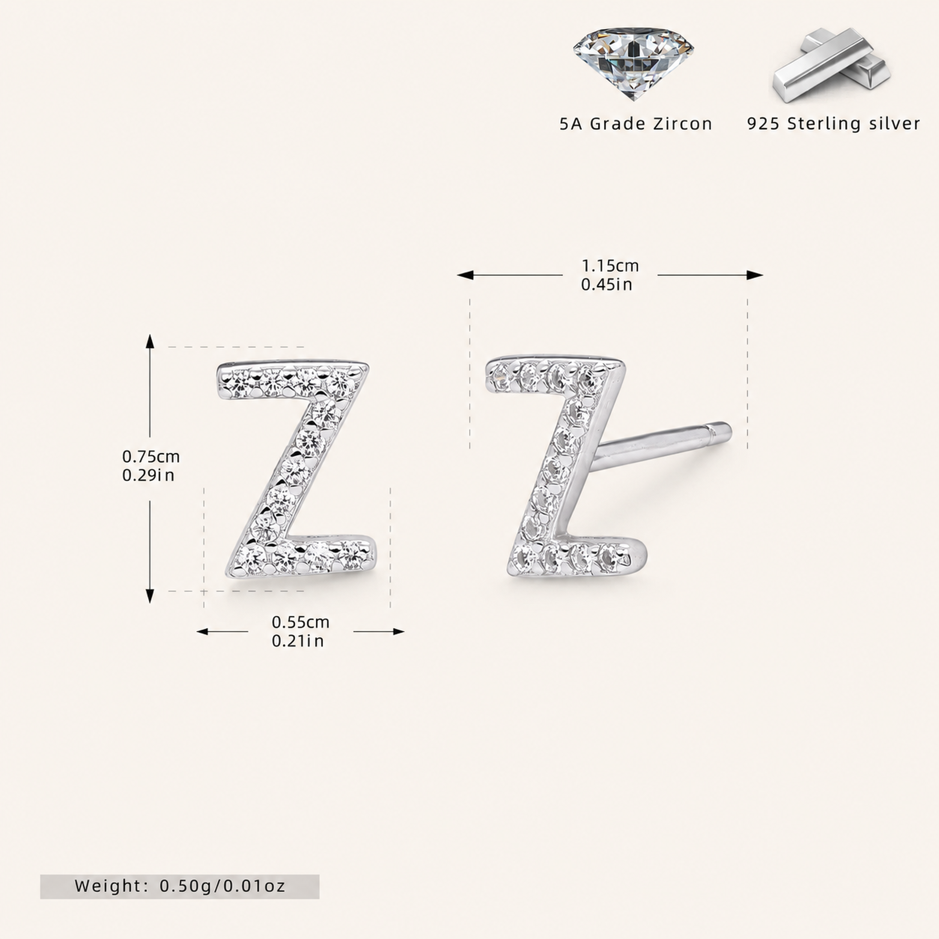 Sterling Silver Pave Initial Letter Stud Earrings - Platinum / Z