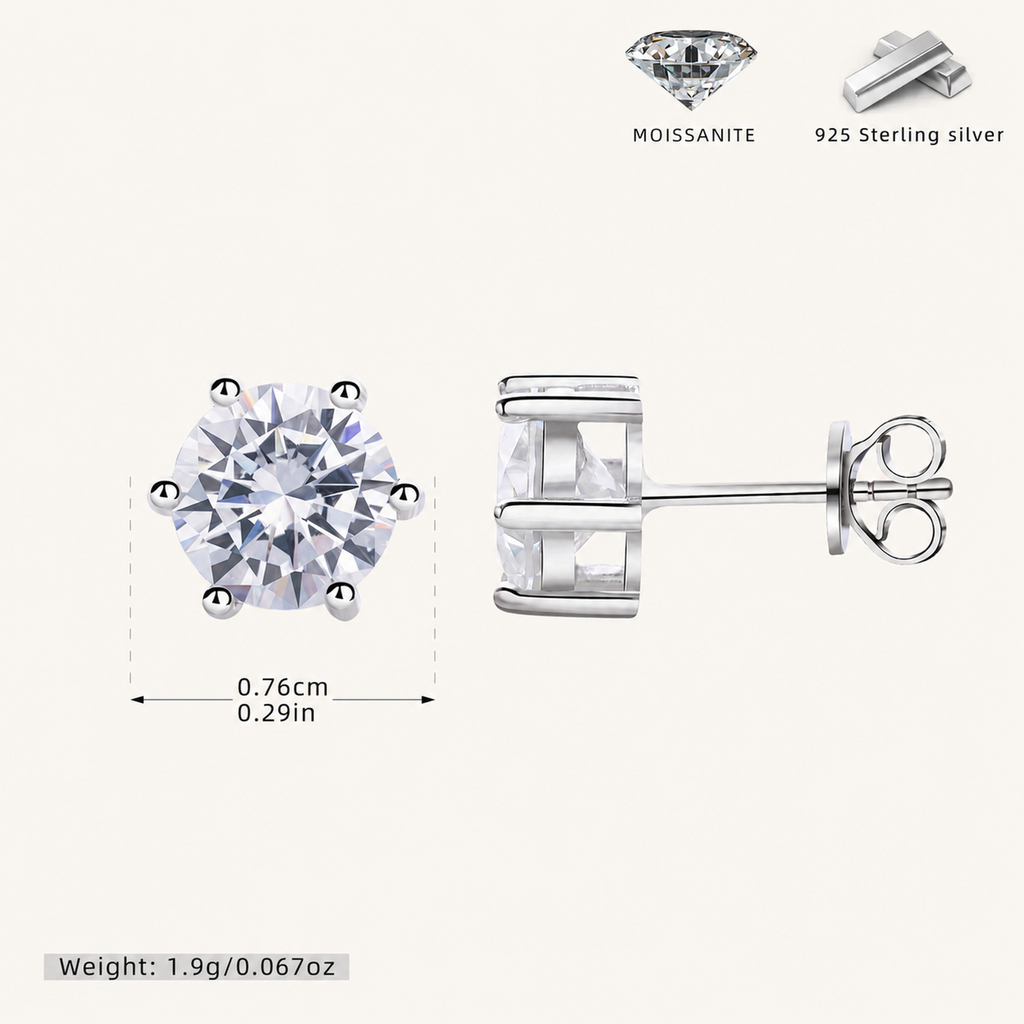 Sterling Silver Six-Prong Moissanite Stud Earrings - Platinum / 7mm