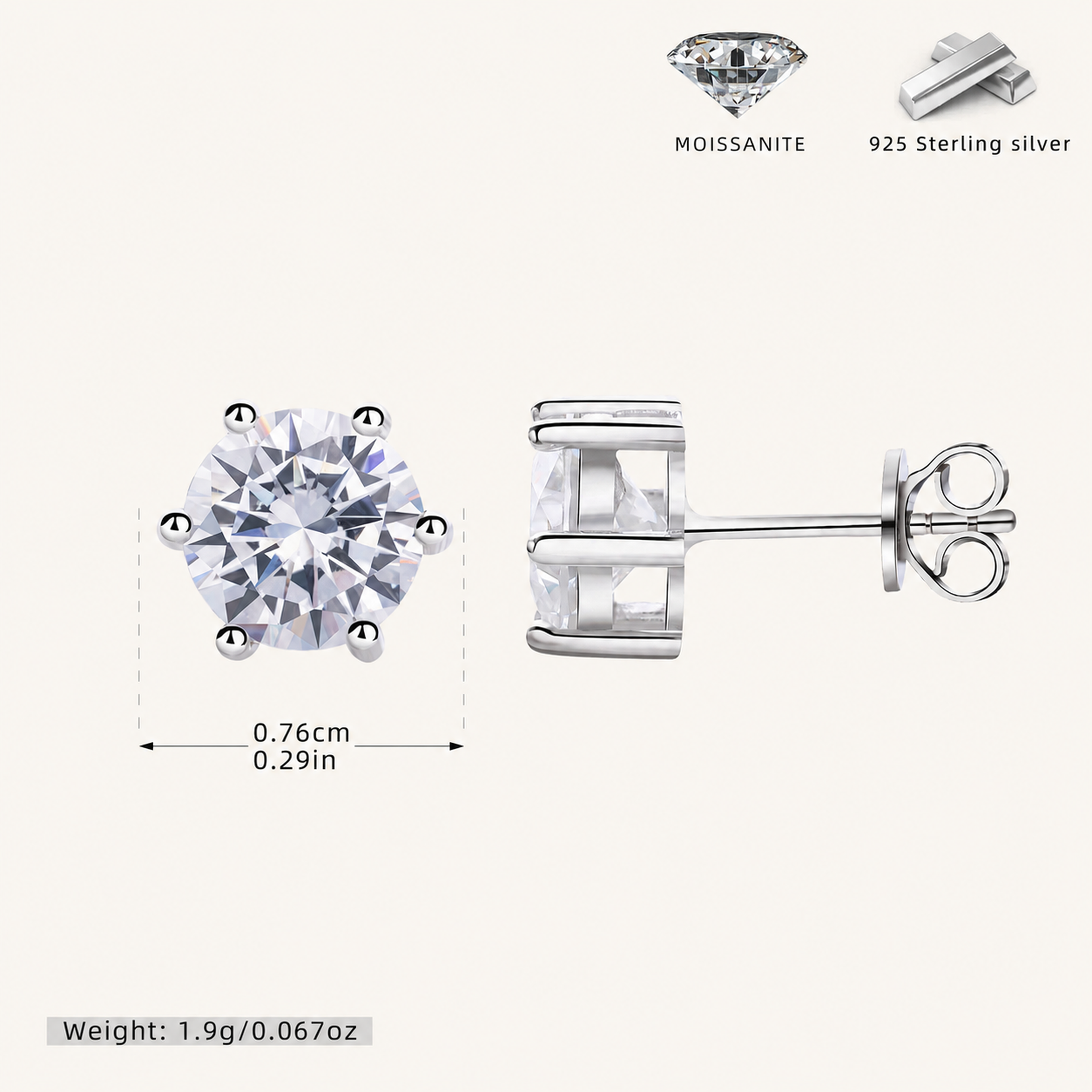 Sterling Silver Six-Prong Moissanite Stud Earrings - Platinum / 7mm