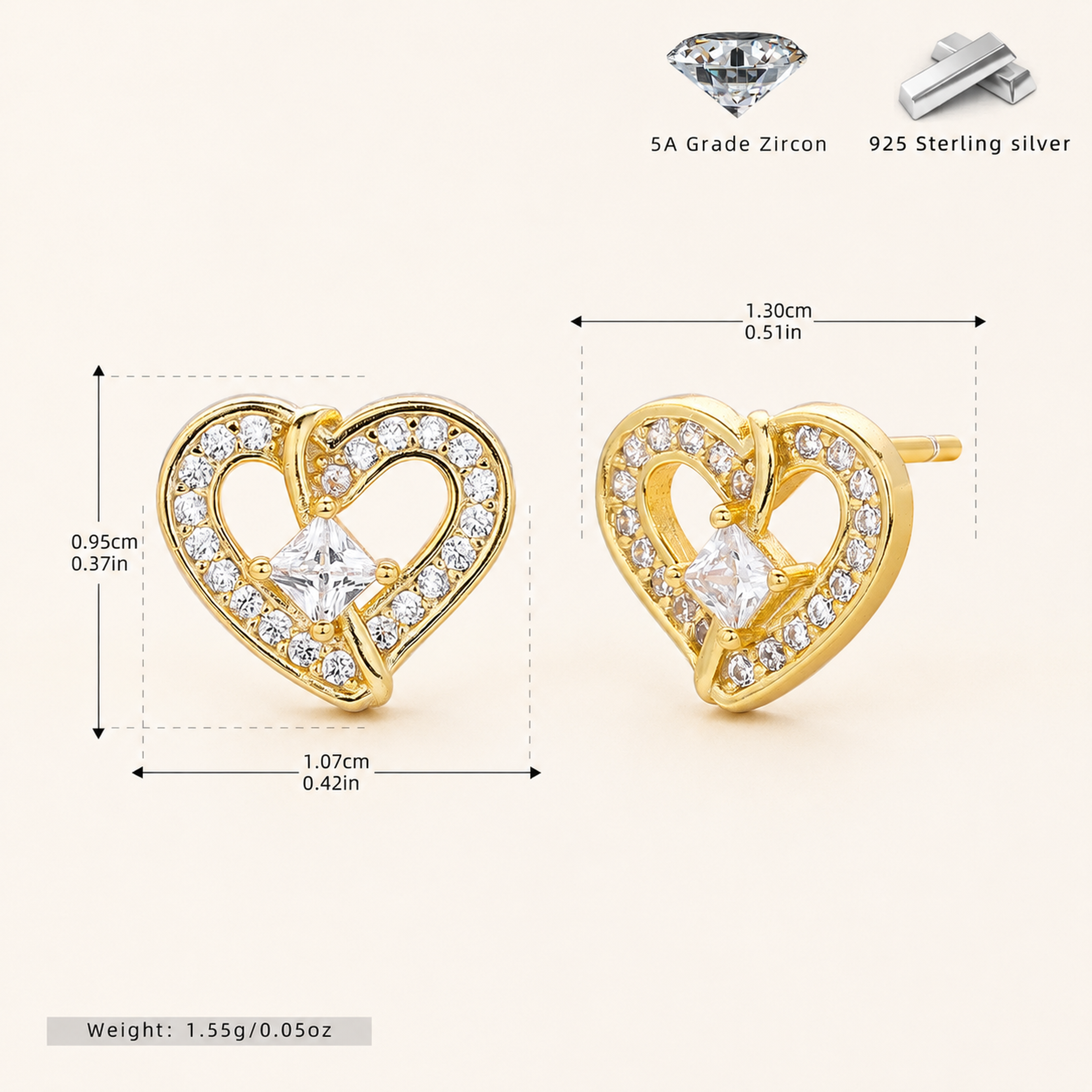 Sterling Silver Zirconia Heart Stud Earrings - Gold