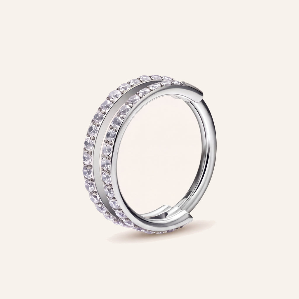 Double Row Crystal Titanium Hoop Earrings - Silver
