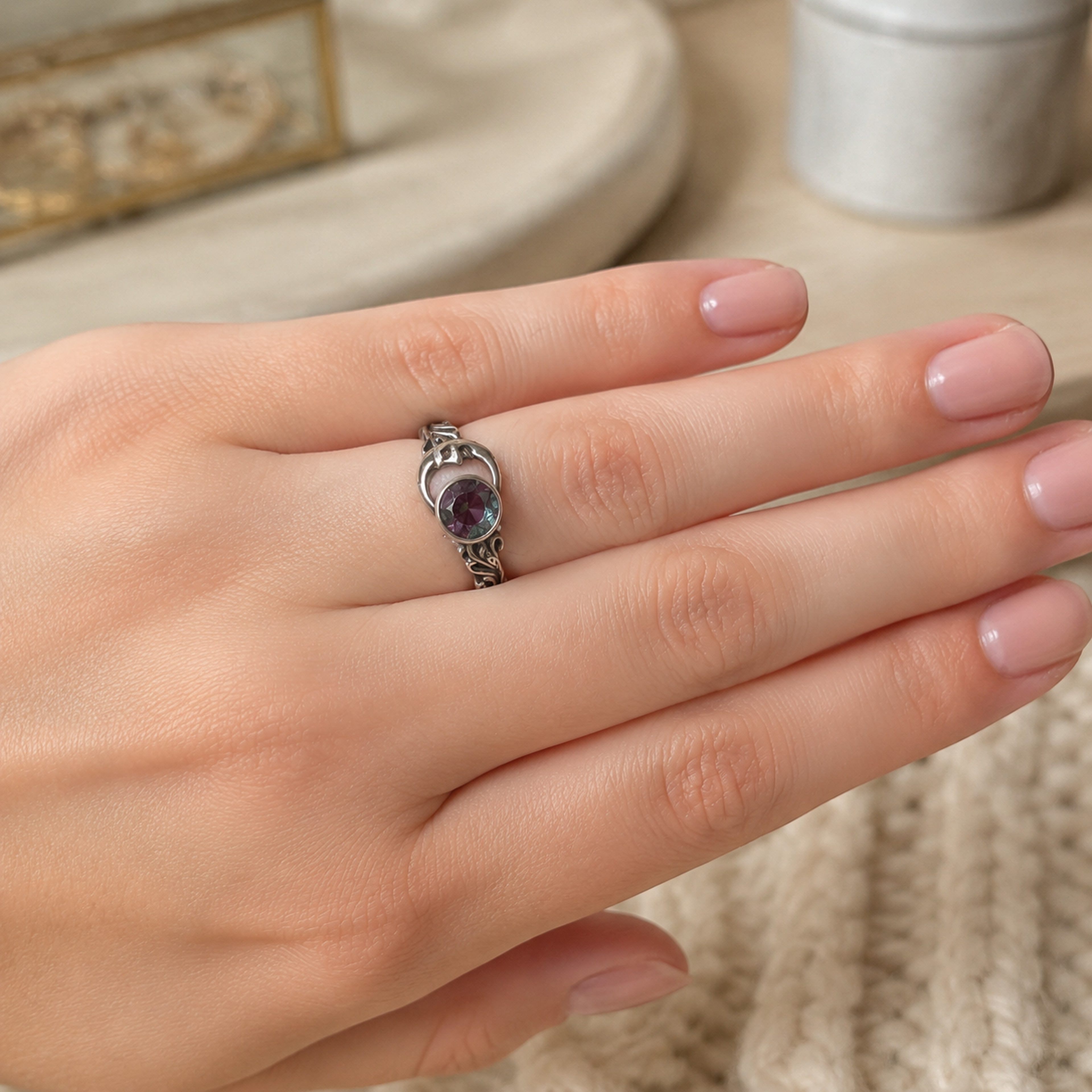 Moonkeeper Lab-Grown Alexandrite Ring worn on hand